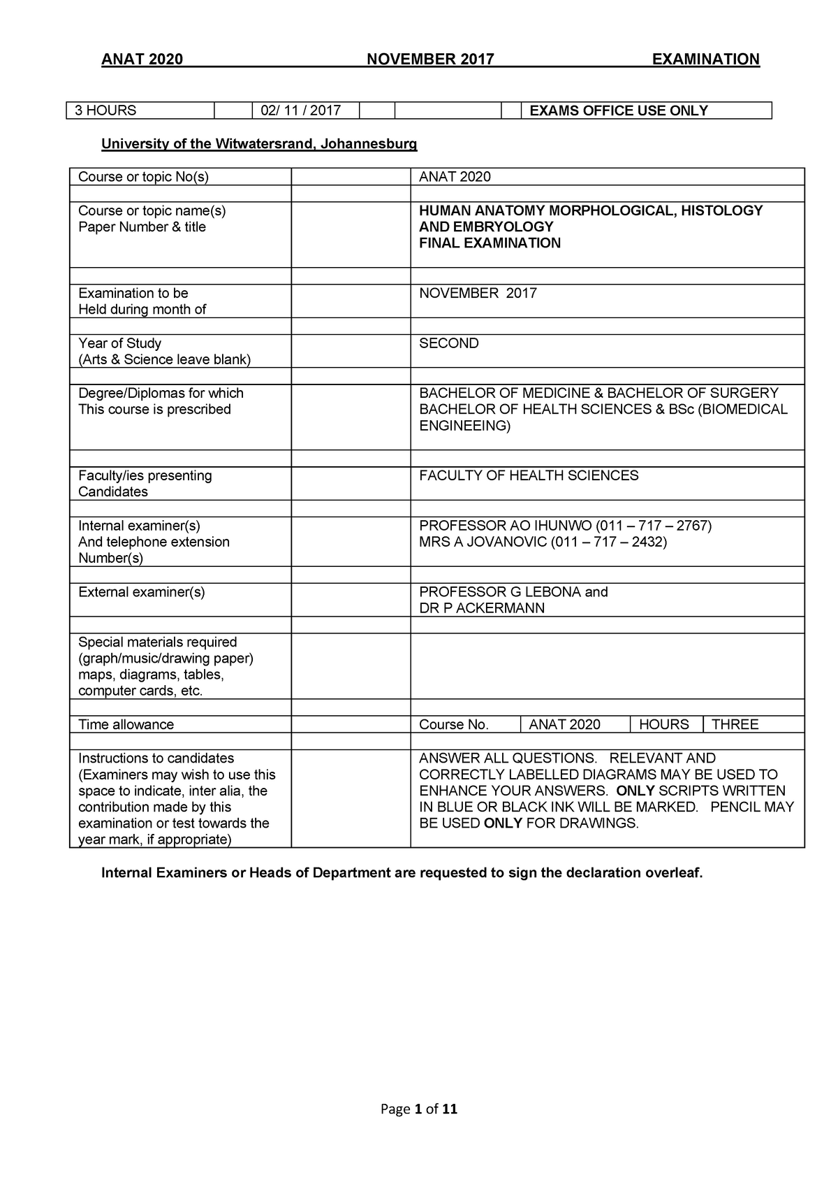 ANAT2020 final Exam 2017 - ANAT 2020 3 HOURS NOVEMBER 2017 02/ 11 ...