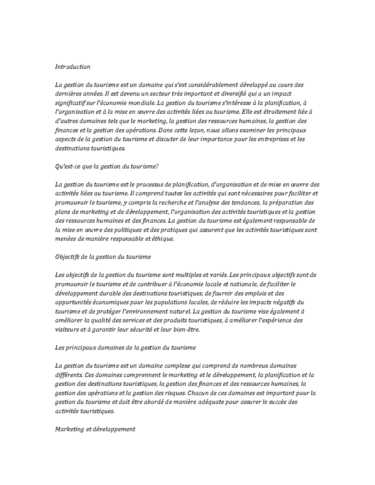 Tourism Management note study - Introduction La gestion du tourisme est ...