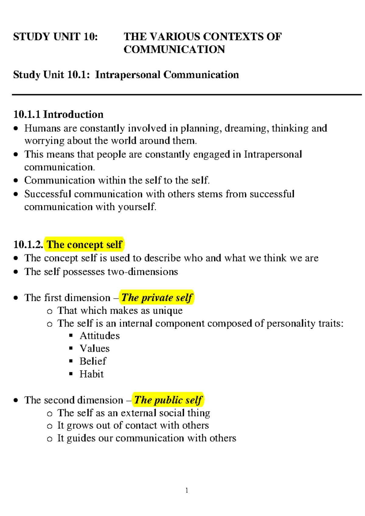 Study Unit 10 - STUDY UNIT 1 0 : THE VARIOUS CONTEXTS OF COMMUNICATION ...