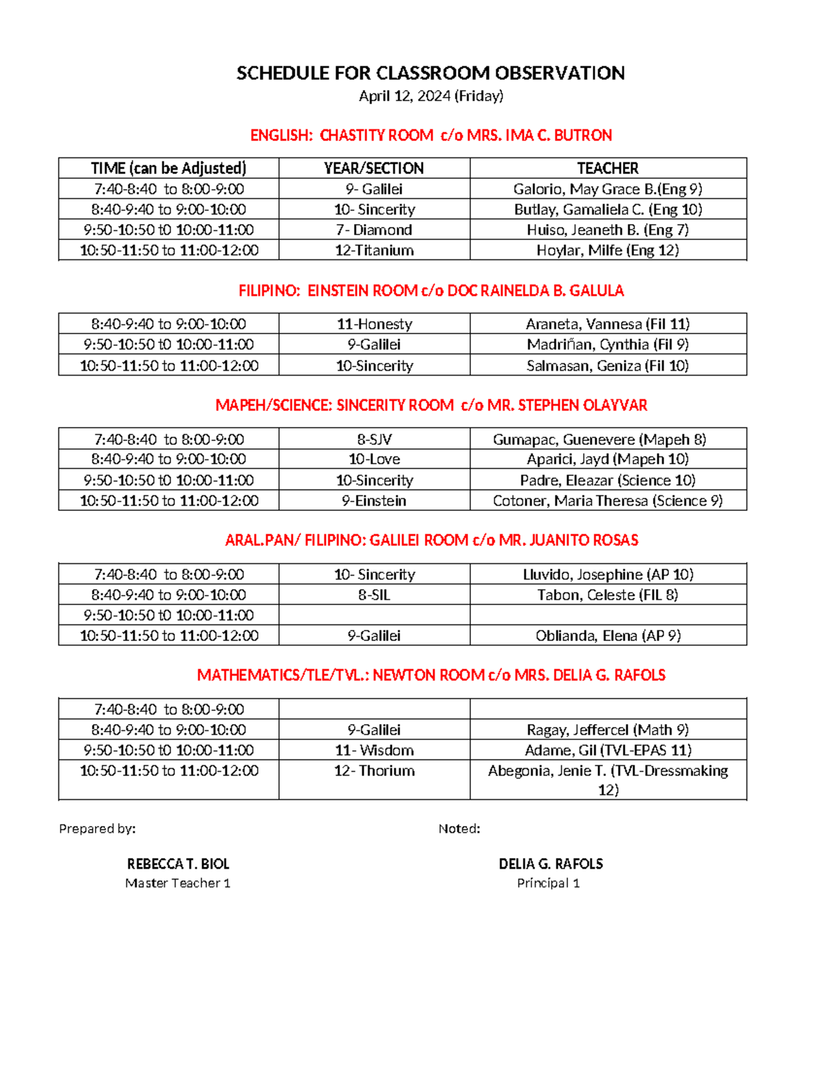 CO Schedule FOR Lhnhs 4 8 24 - SCHEDULE FOR CLASSROOM OBSERVATION April ...