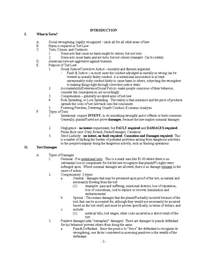 Torts Outline Example - TORTS OUTLINE I. TORT LAW TORT: To commit a ...