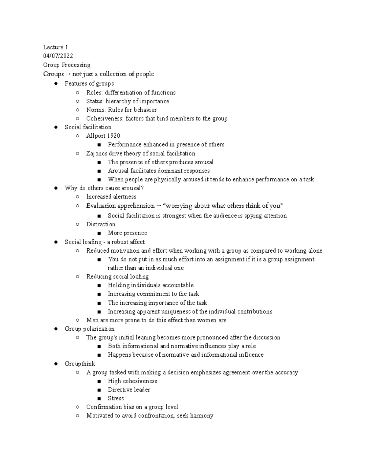 Exam 4 Notes - Lecture 1 04/07/ Group Processing Groups → not just a ...