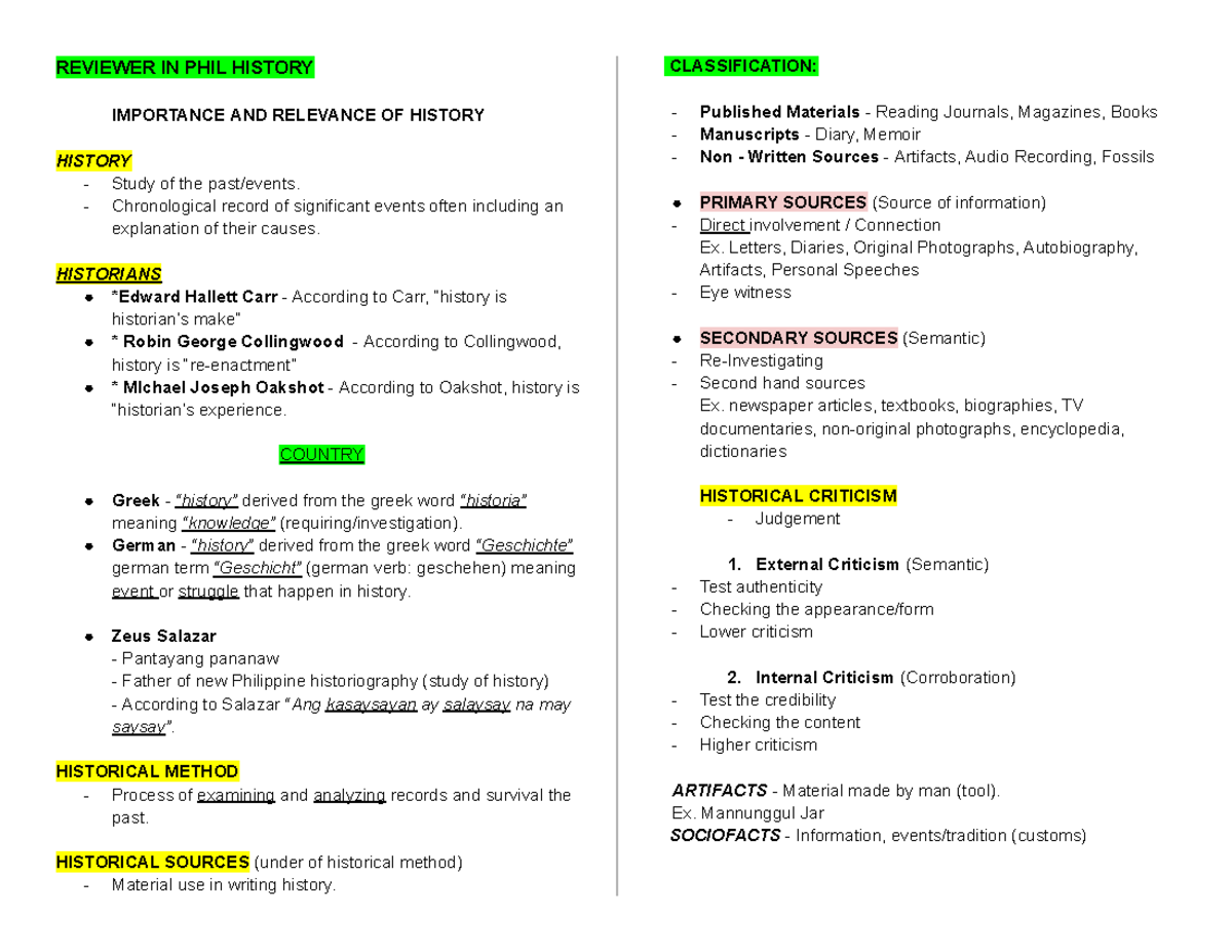 Reviewer IN PHIL History - REVIEWER IN PHIL HISTORY IMPORTANCE AND ...