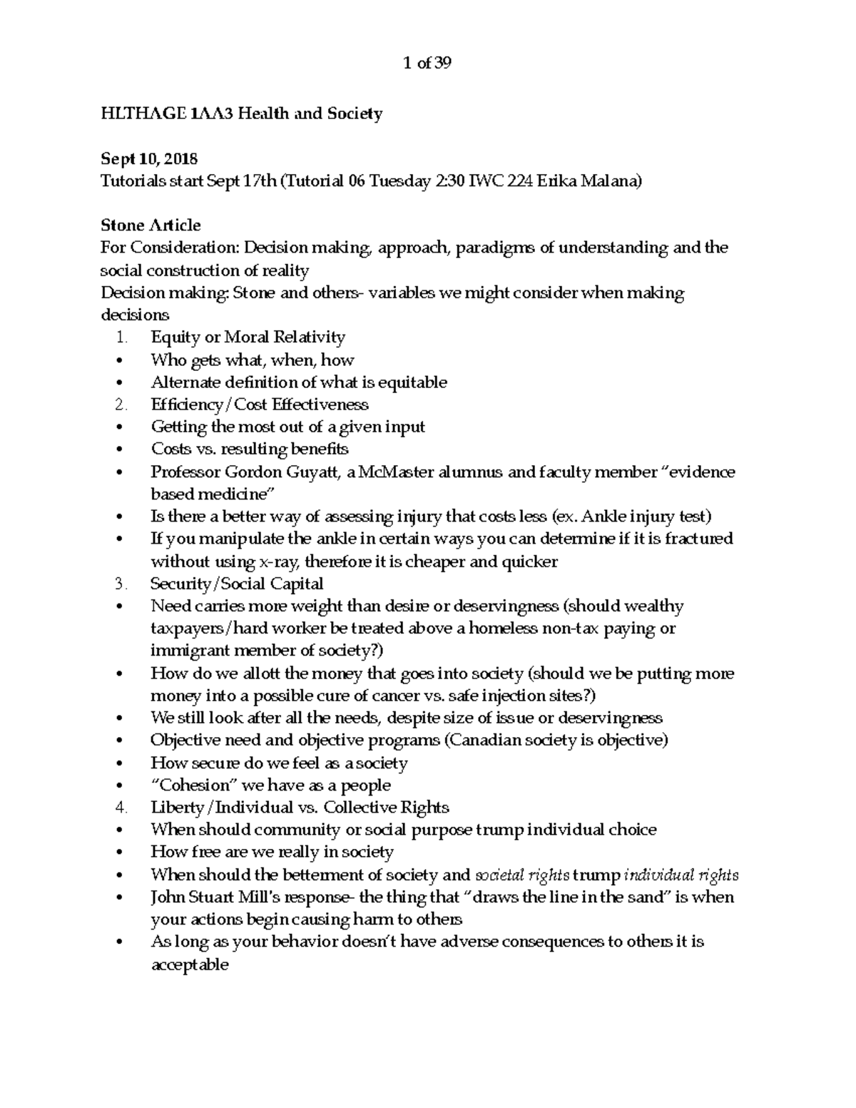 Hlthage 1AA3 Lecture Notes - HLTHAGE 1AA3 Health and Society Sept 10 ...