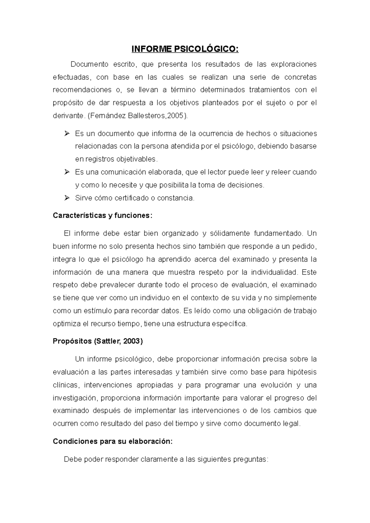 3- Informe Psicológico- Sattler. Ballesteros- Buriani - INFORME  PSICOLÓGICO: Documento escrito, que - Studocu