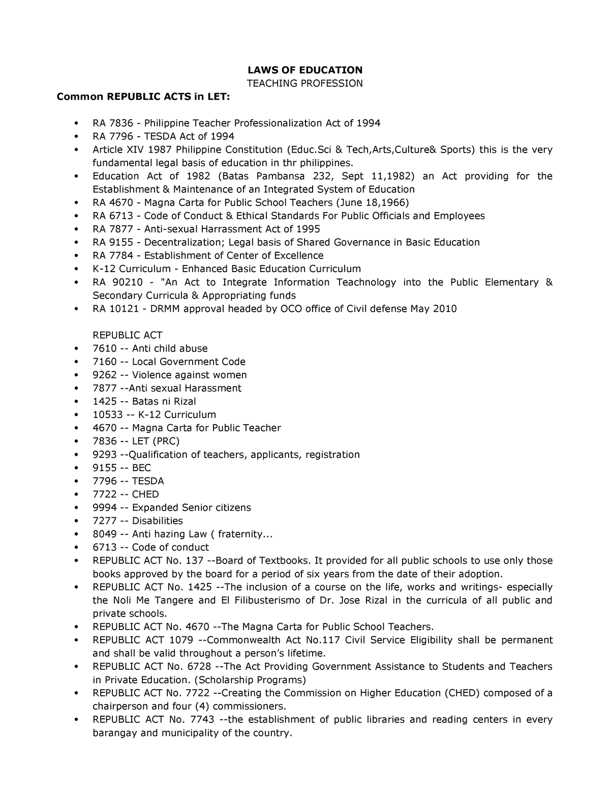 LAWS OF Education LET Reviewer (Prof Ed) LAWS OF EDUCATION TEACHING