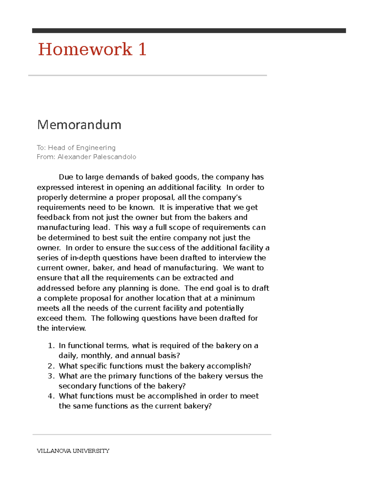 sytems engineering - Homework 1 Memorandum To: Head of Engineering From ...