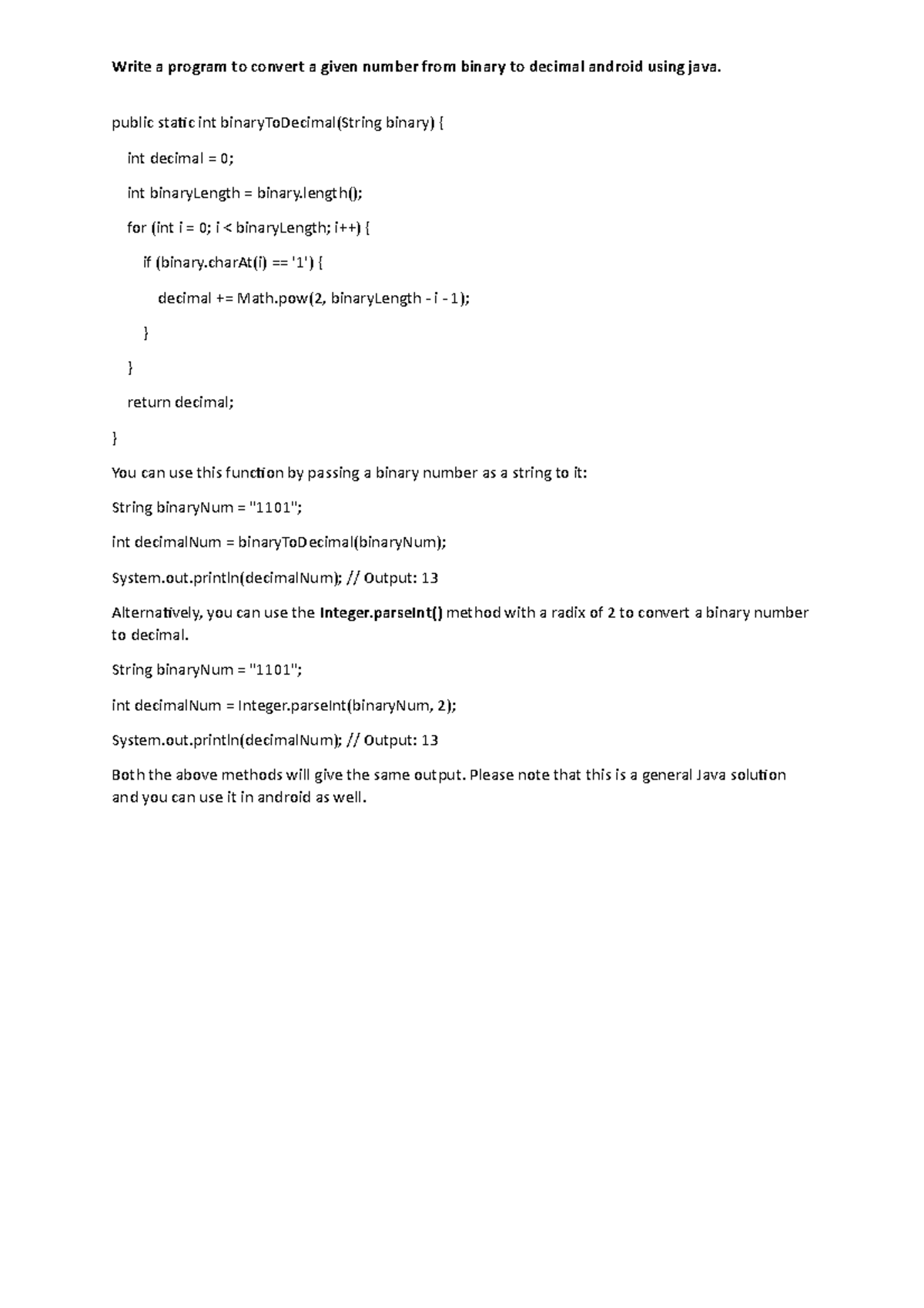 Android decial - Write a program to convert a given number from binary ...