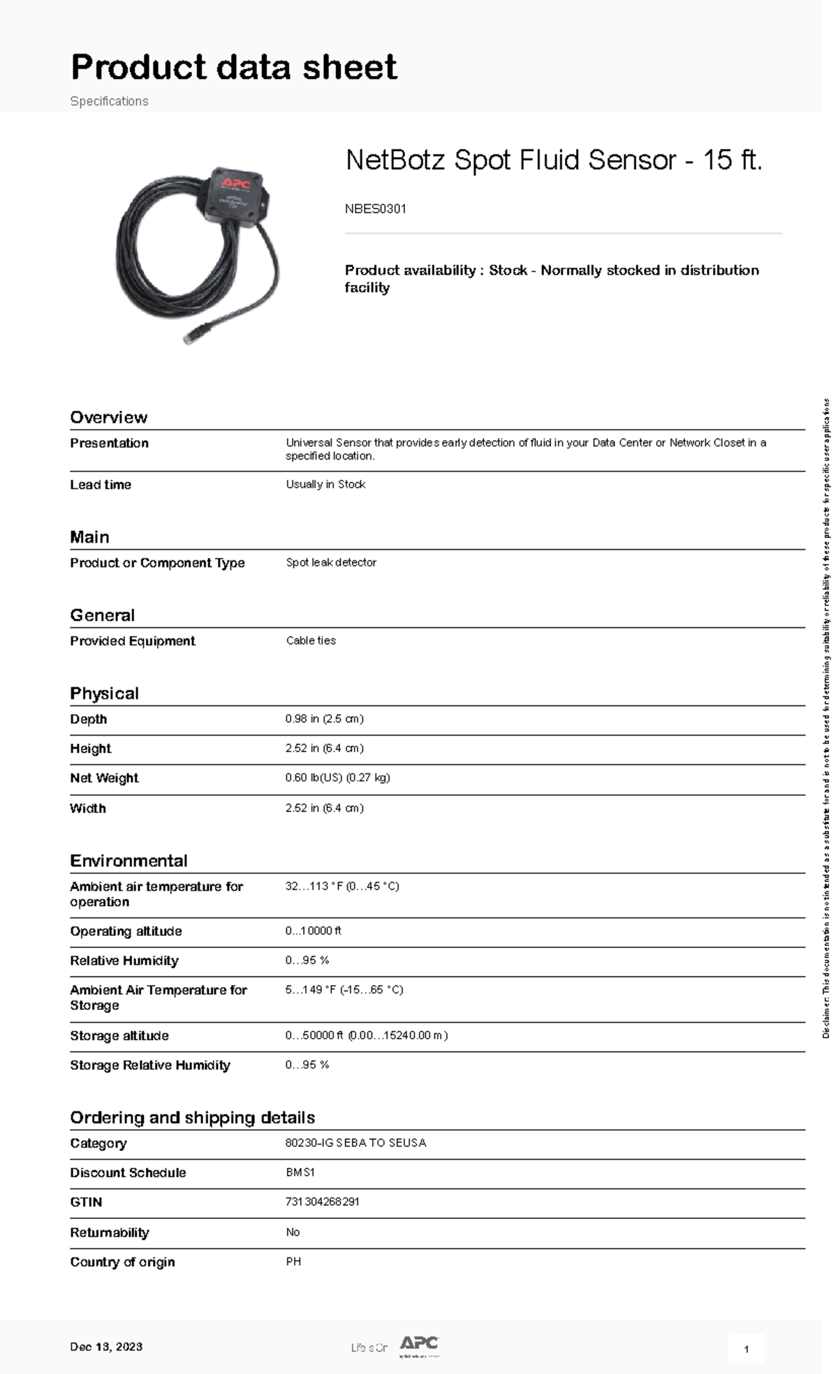 Net Botz Sensors NBES0301 - Product data sheet Specifications NetBotz ...