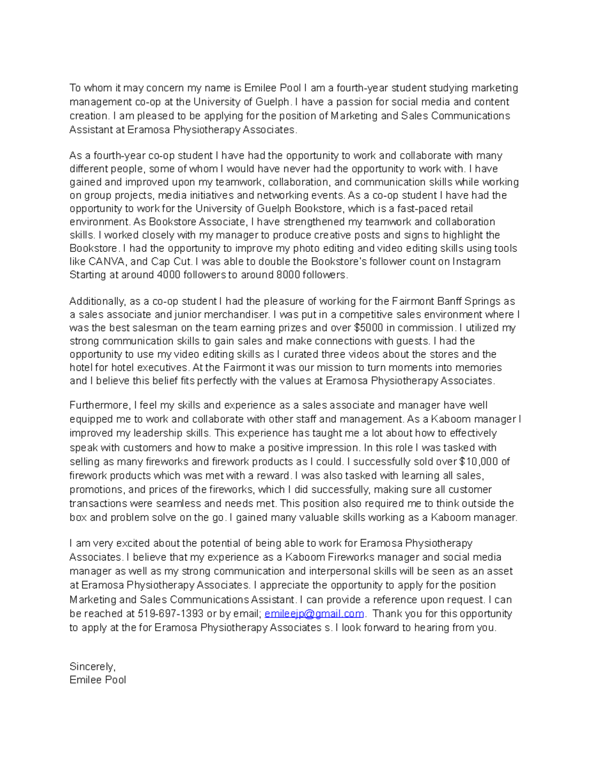 Cover Letter Eramosa Physiotherapy Associates 8 months To whom it may