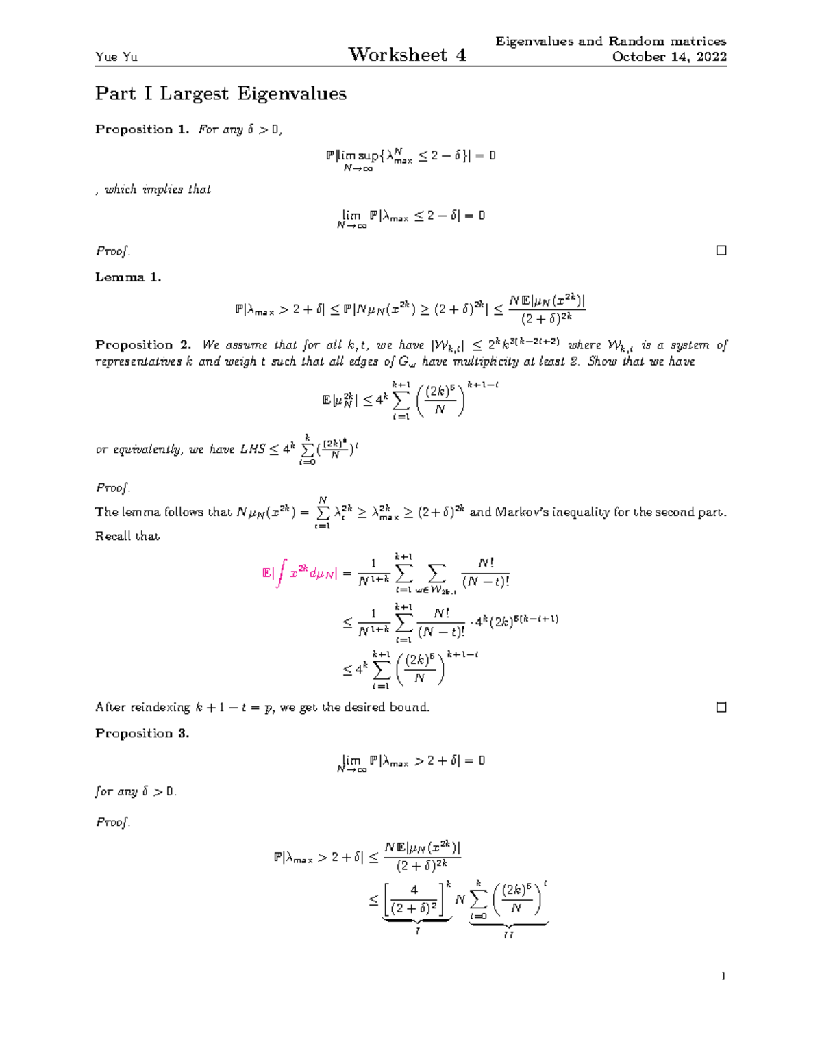 Eigenvalues and random matrices Worksheet 4 - Yue Yu Worksheet 4 ...
