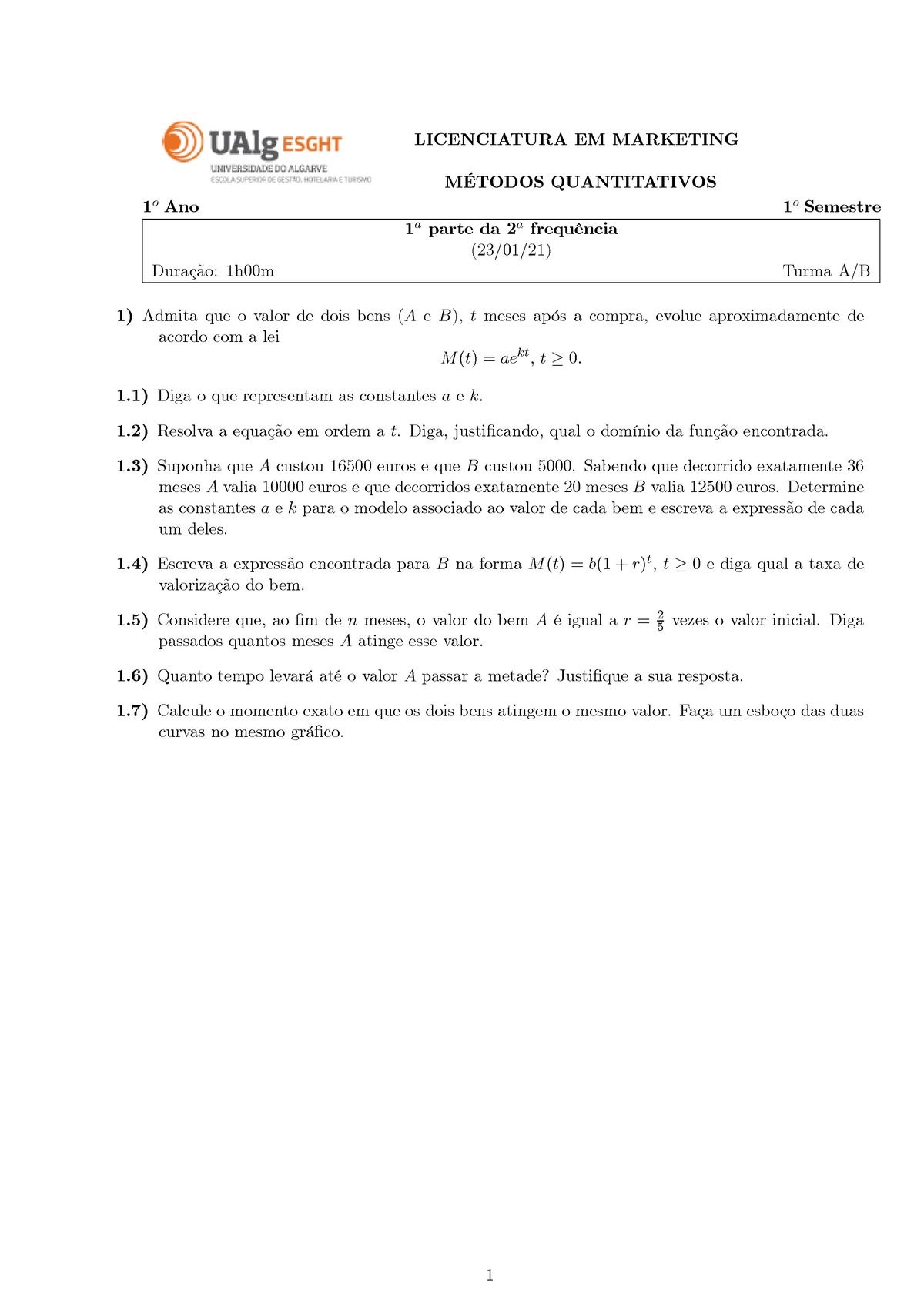 2ª Frequência Métodos Quantitativos - LICENCIATURA EM MARKETING M ...