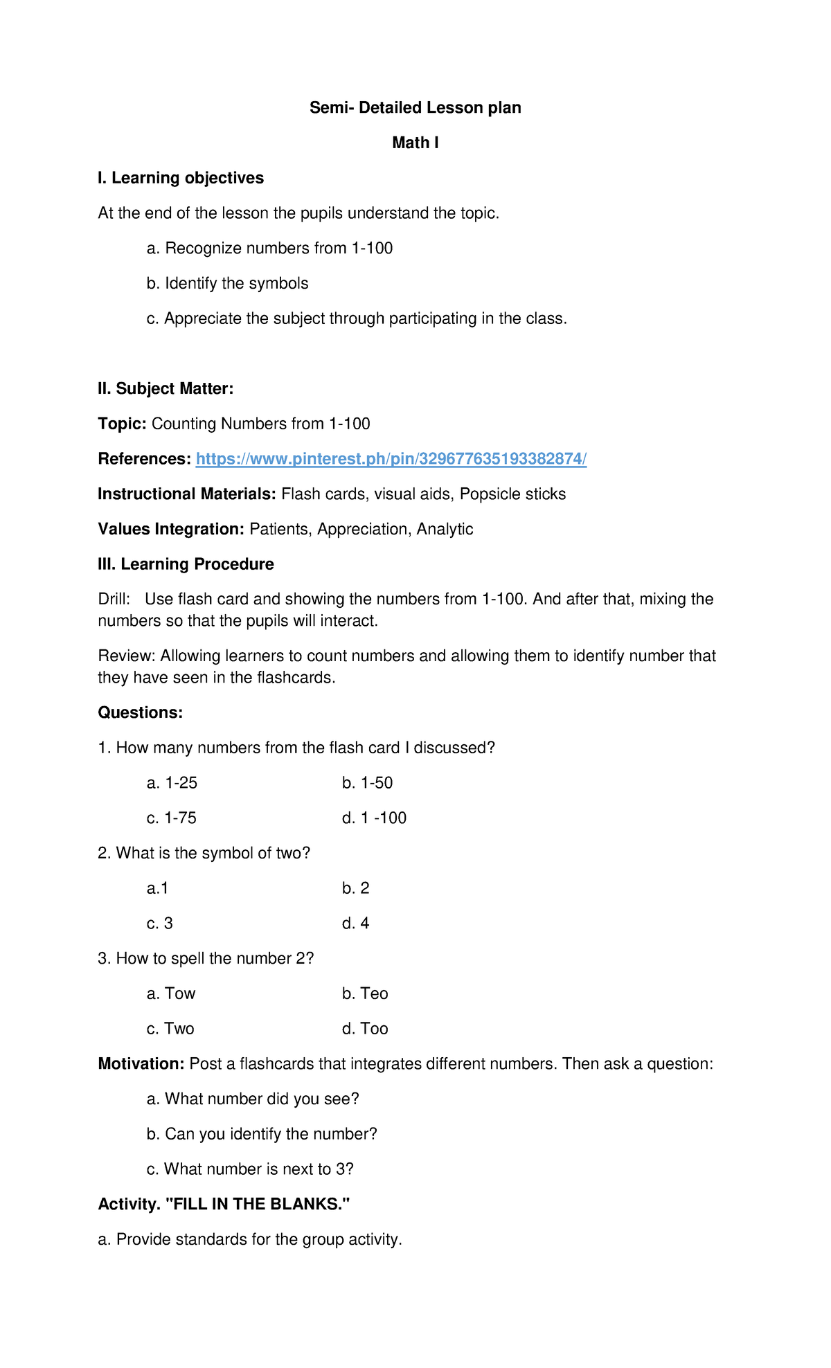 Grade-1 - Math Lesson Plan - Semi- Detailed Lesson Plan Math I I ...