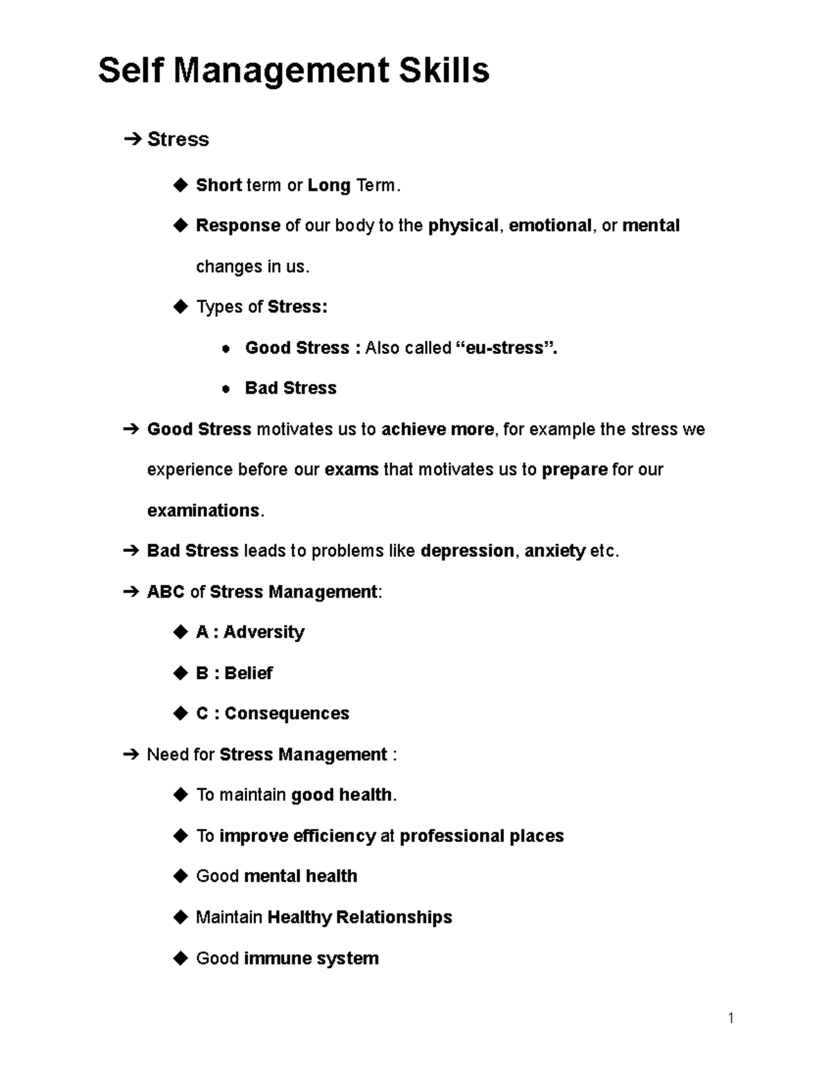 Self Management Skills Response Of Our Body To The Physical