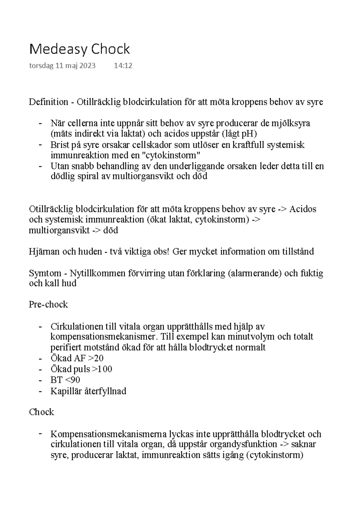 Medeasy Chock Definition Otillräcklig blodcirkulation för att möta