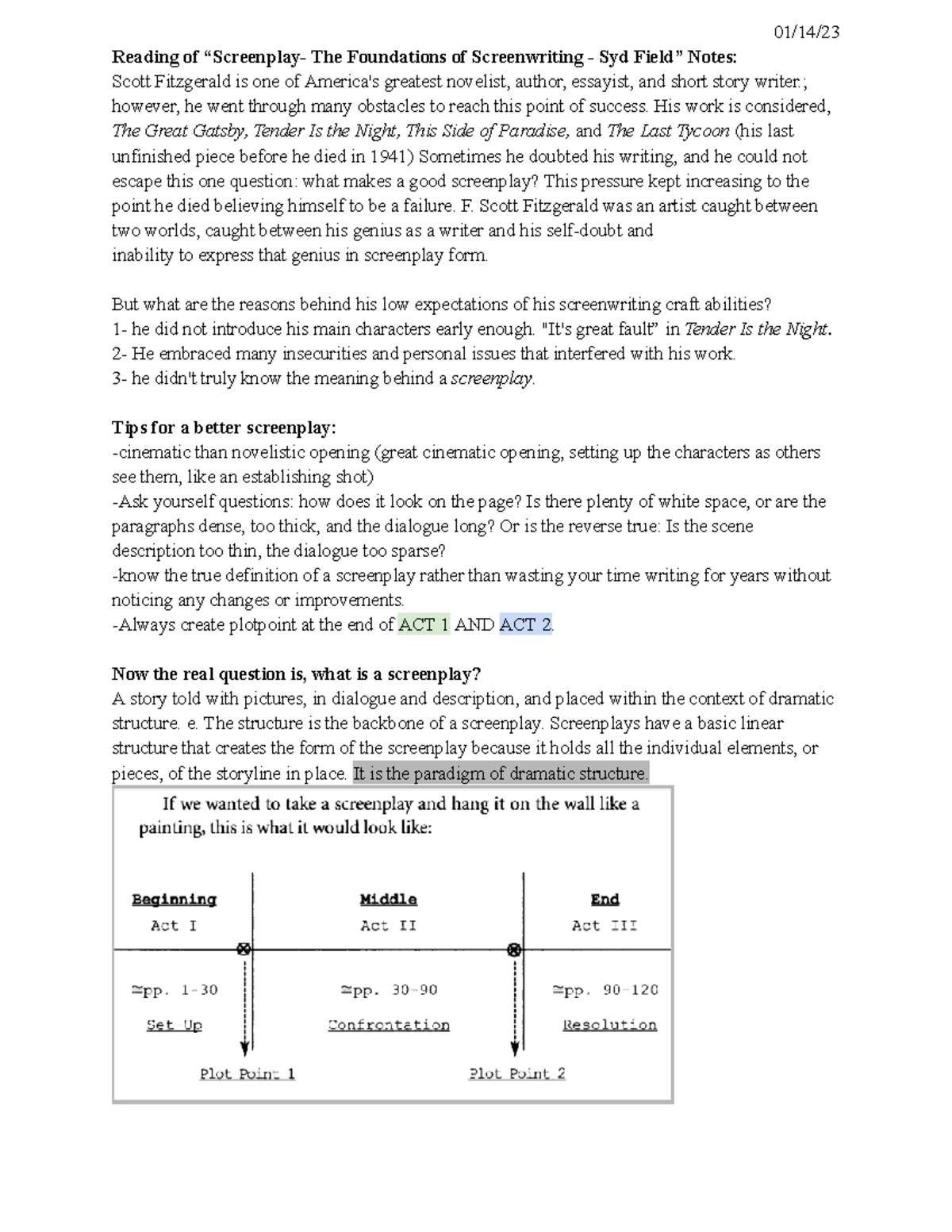 Screen PLAY Notes 01/14/ Reading of “Screenplay The Foundations of