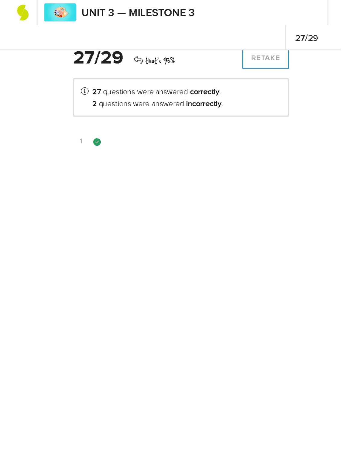 Art history final 3 Test review 1 27 / 29 that's 93 RETAKE 27