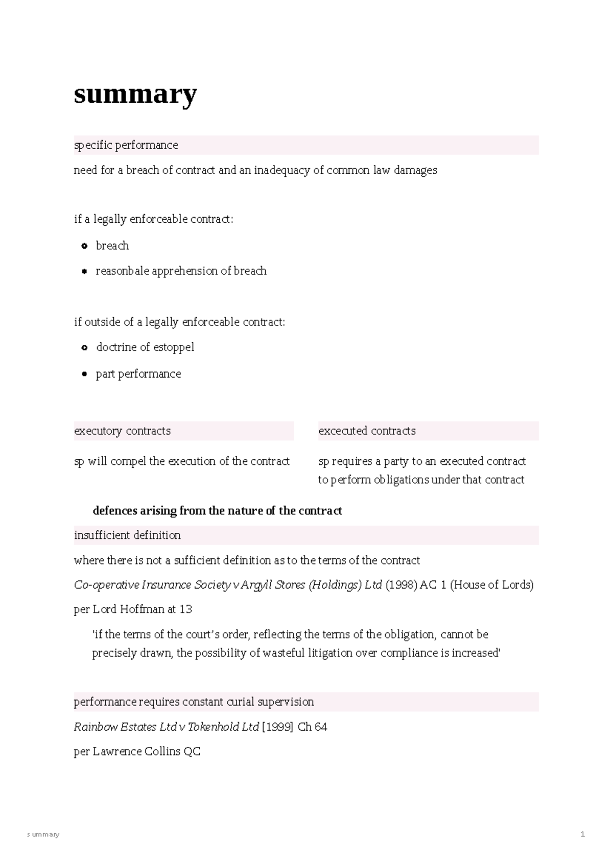 Specific performance notes - summary specific performance need for a ...