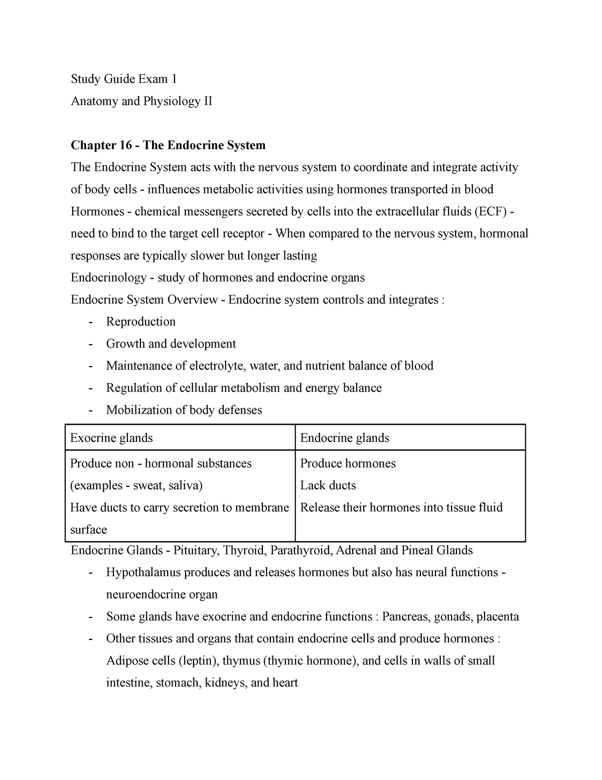 Study Guide - Lecture Notes - Study Guide Exam 1 Anatomy And Physiology ...