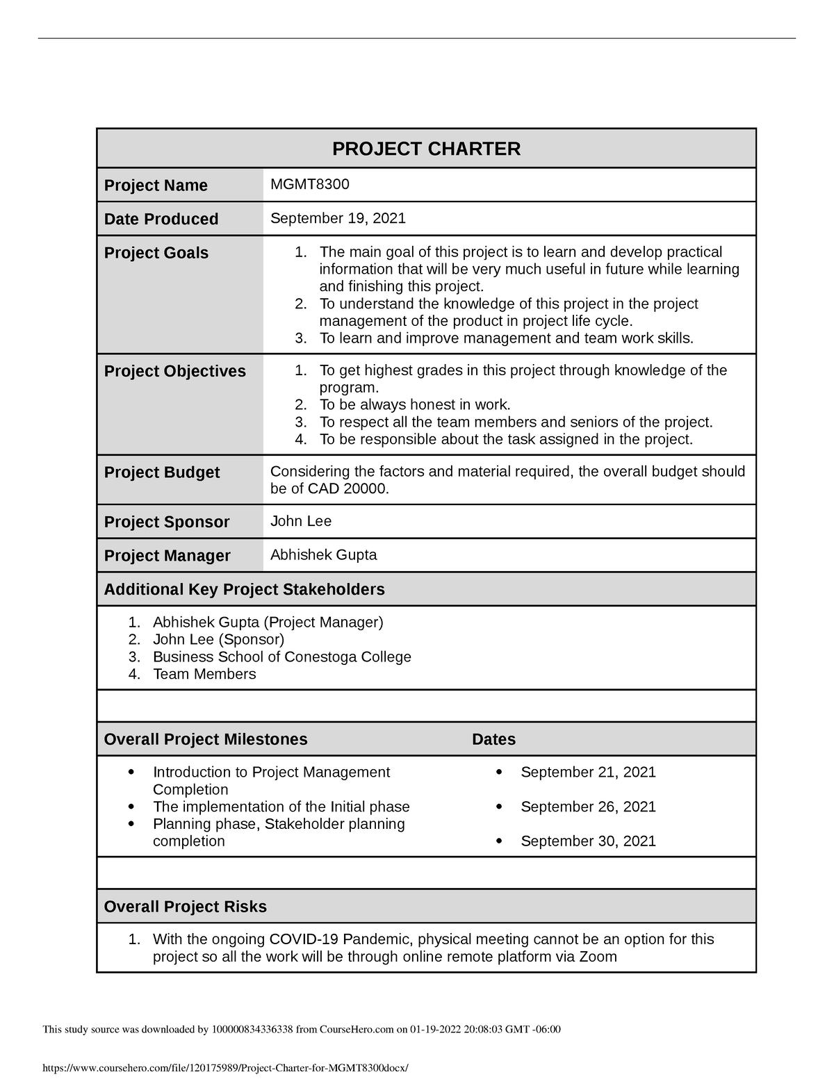 Project Charter for MGMT8300 - PROJECT CHARTER Project Name MGMT Date ...