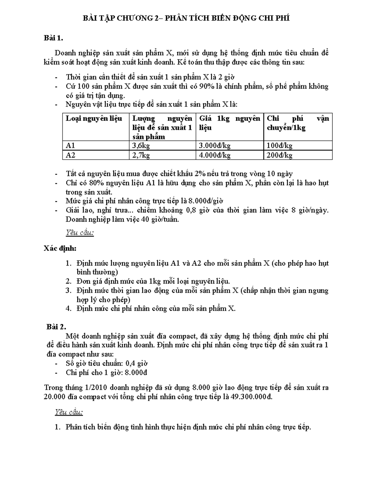 C3 BT - C3 BT - BÀI TẬP CHƯƠNG 2– PHÂN TÍCH BIẾN ĐỘNG CHI PHÍ Bài 1 ...