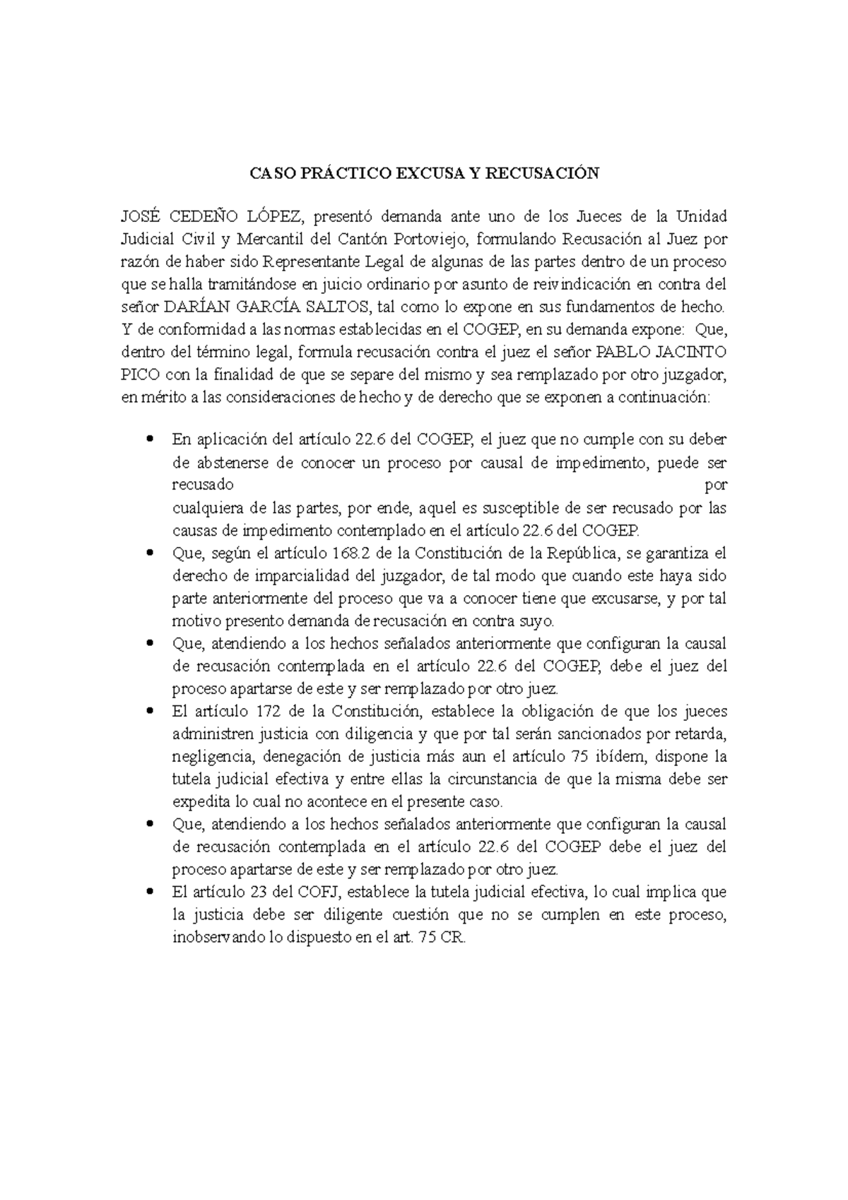 CASO Practico Excusa Y Recusacion - CASO PRÁCTICO EXCUSA Y RECUSACIÓN ...