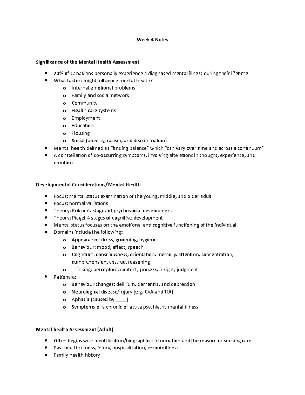 Week 4 Notes - mental health - Week 4 Notes Significance of the Mental ...