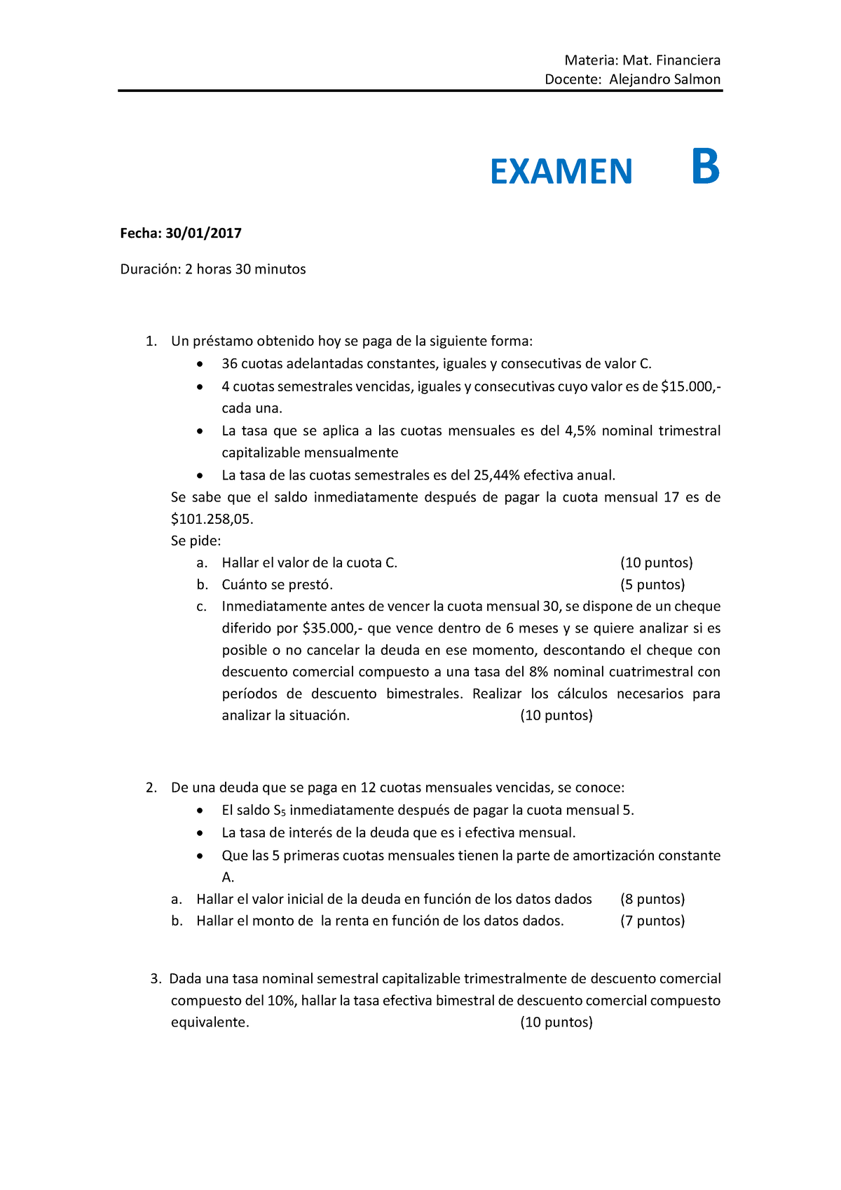 Ex B 30-01-17 Con Solucion - Docente: Alejandro Salmon EXAMEN B Fecha ...