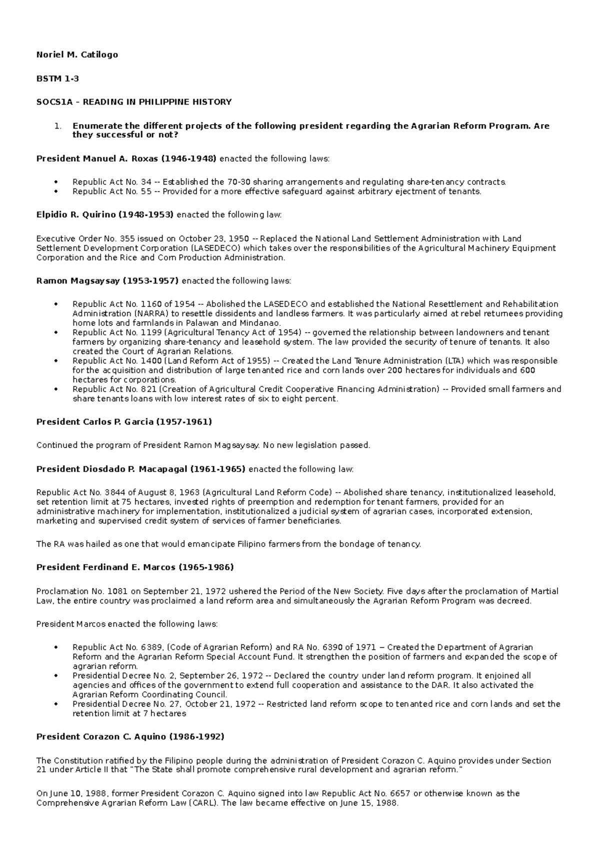 History - Assignment - Noriel M. Catilogo BSTM 1- SOCS1A – READING IN ...