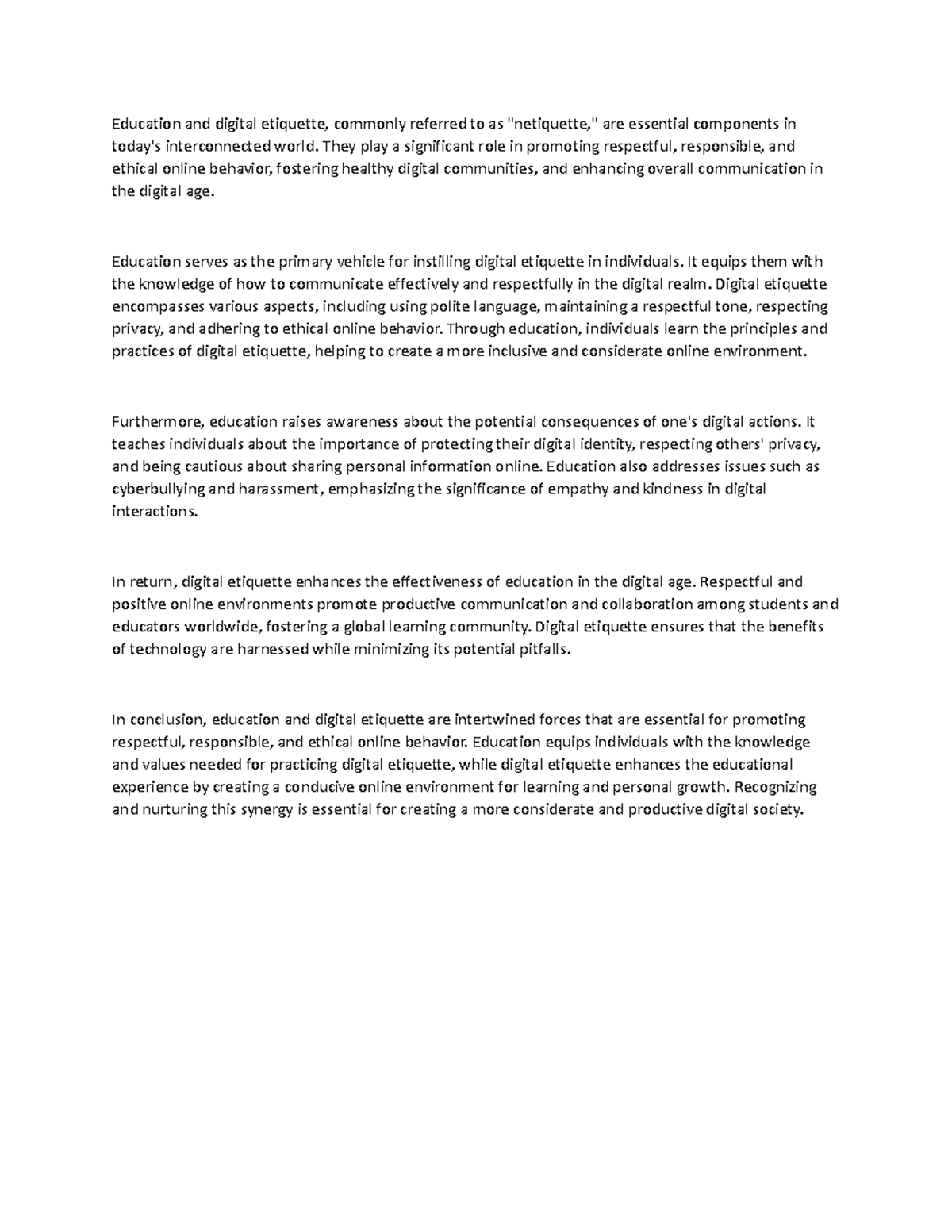 Education and digital etiquett 1 They play a significant role in promoting respectful, Studocu