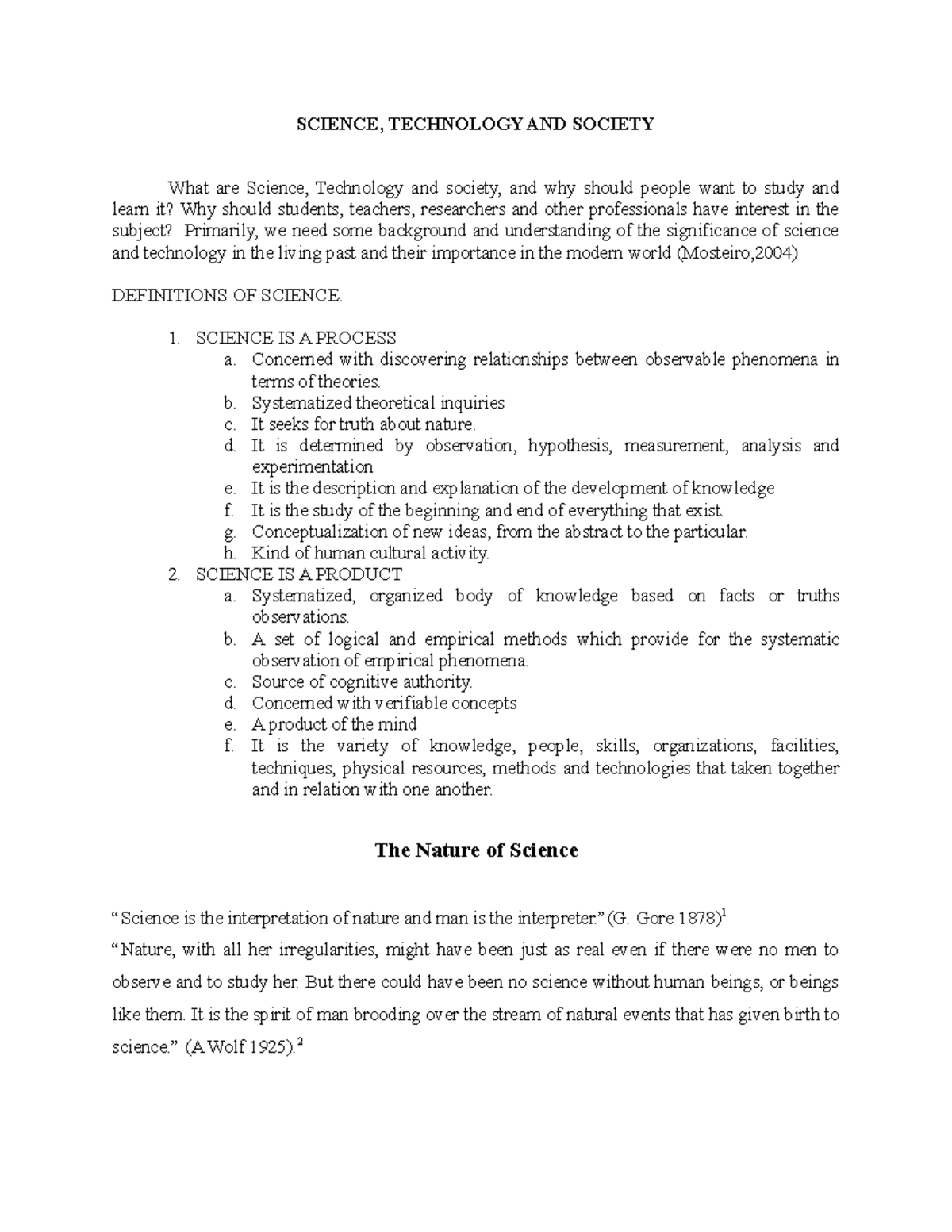 The Nature of Science - Lecture notes 1 - SCIENCE, TECHNOLOGY AND ...