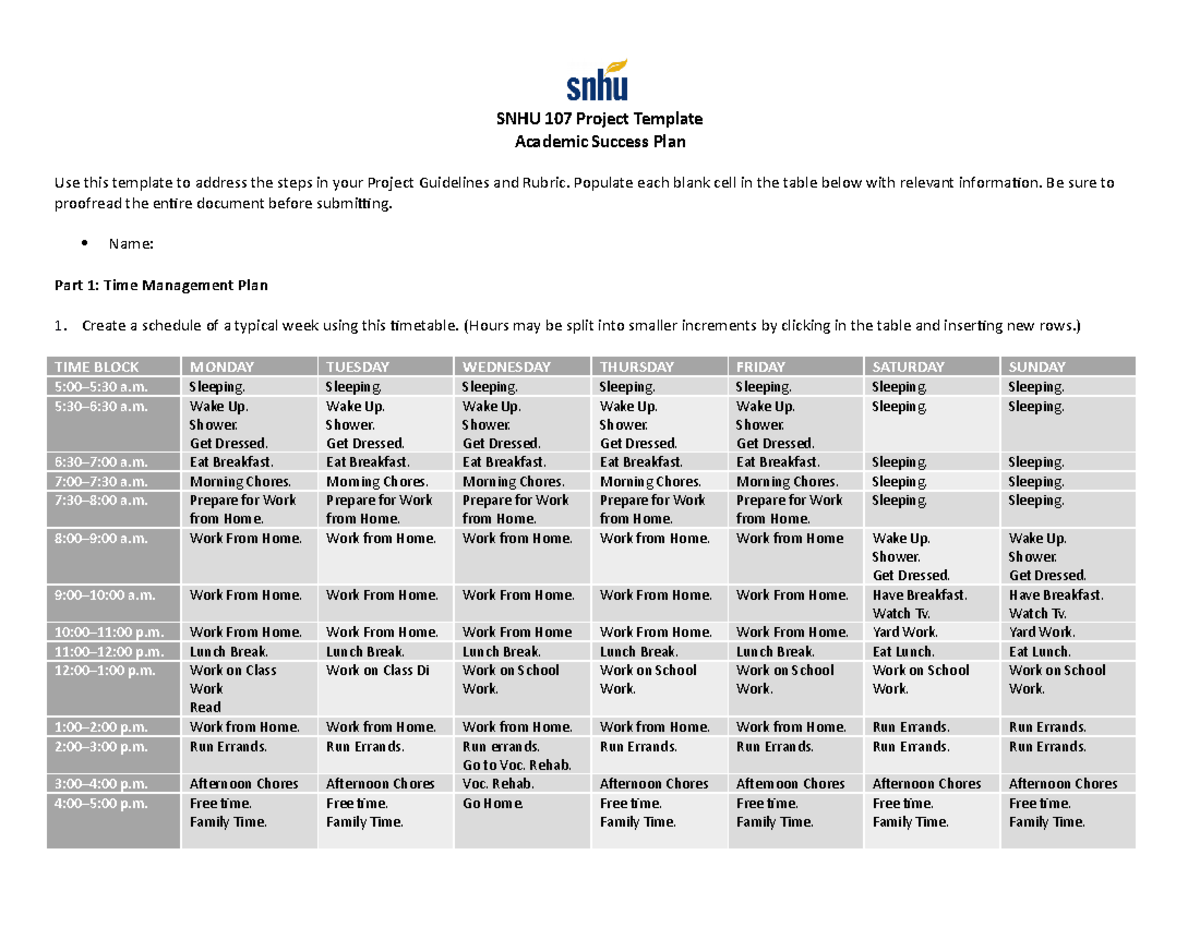 SNHU 107 Project - SNHU 107 Project Template Academic Success Plan Use ...