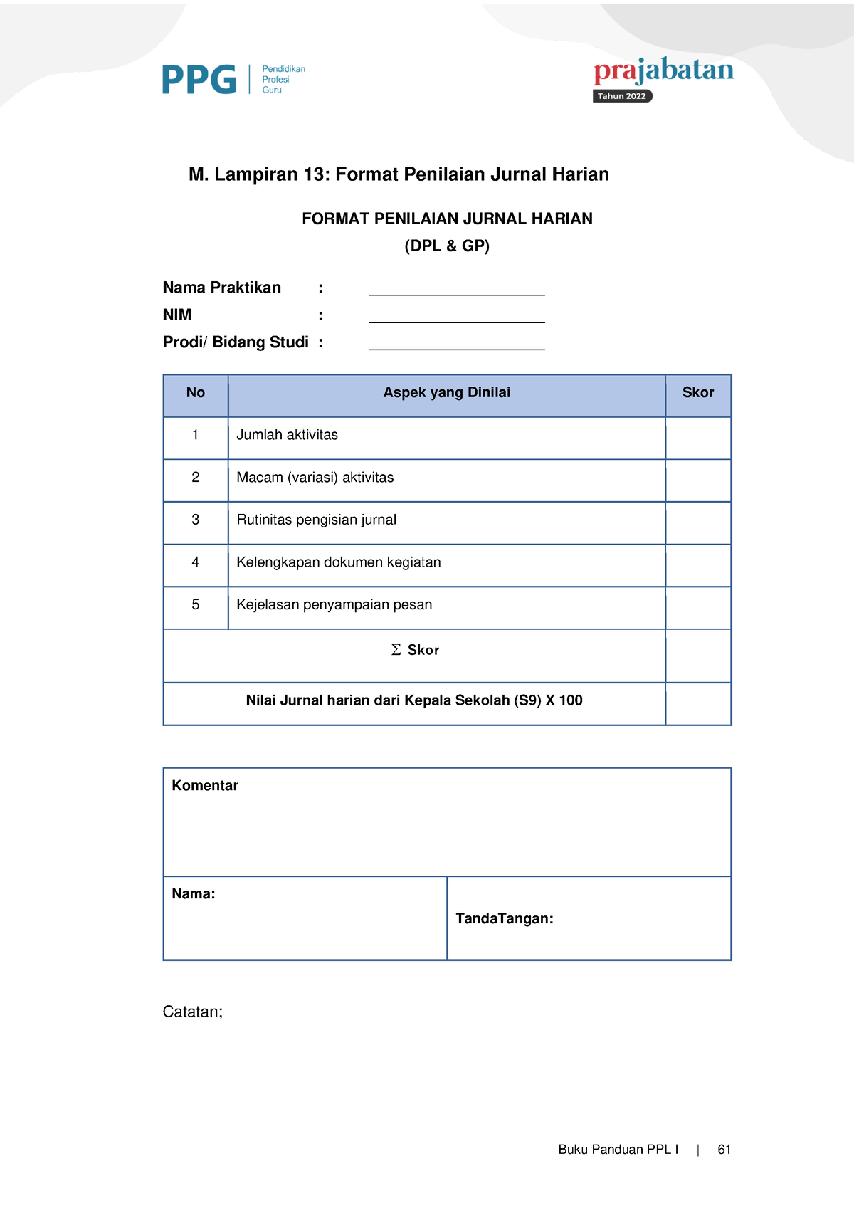 13. Format Penilaian Jurnal Harian - Buku Panduan PPL I | 61 M ...