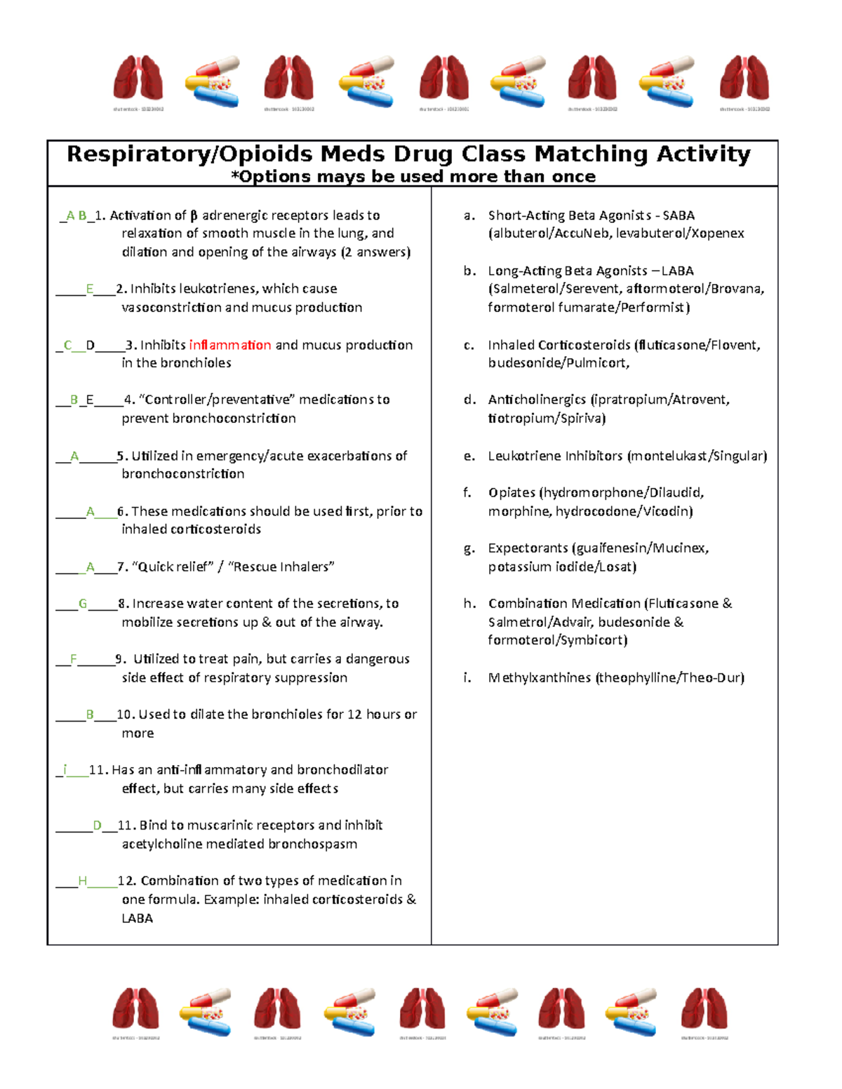 Respiratory Opioids Meds Drug Class Matching Activity - Respiratory ...
