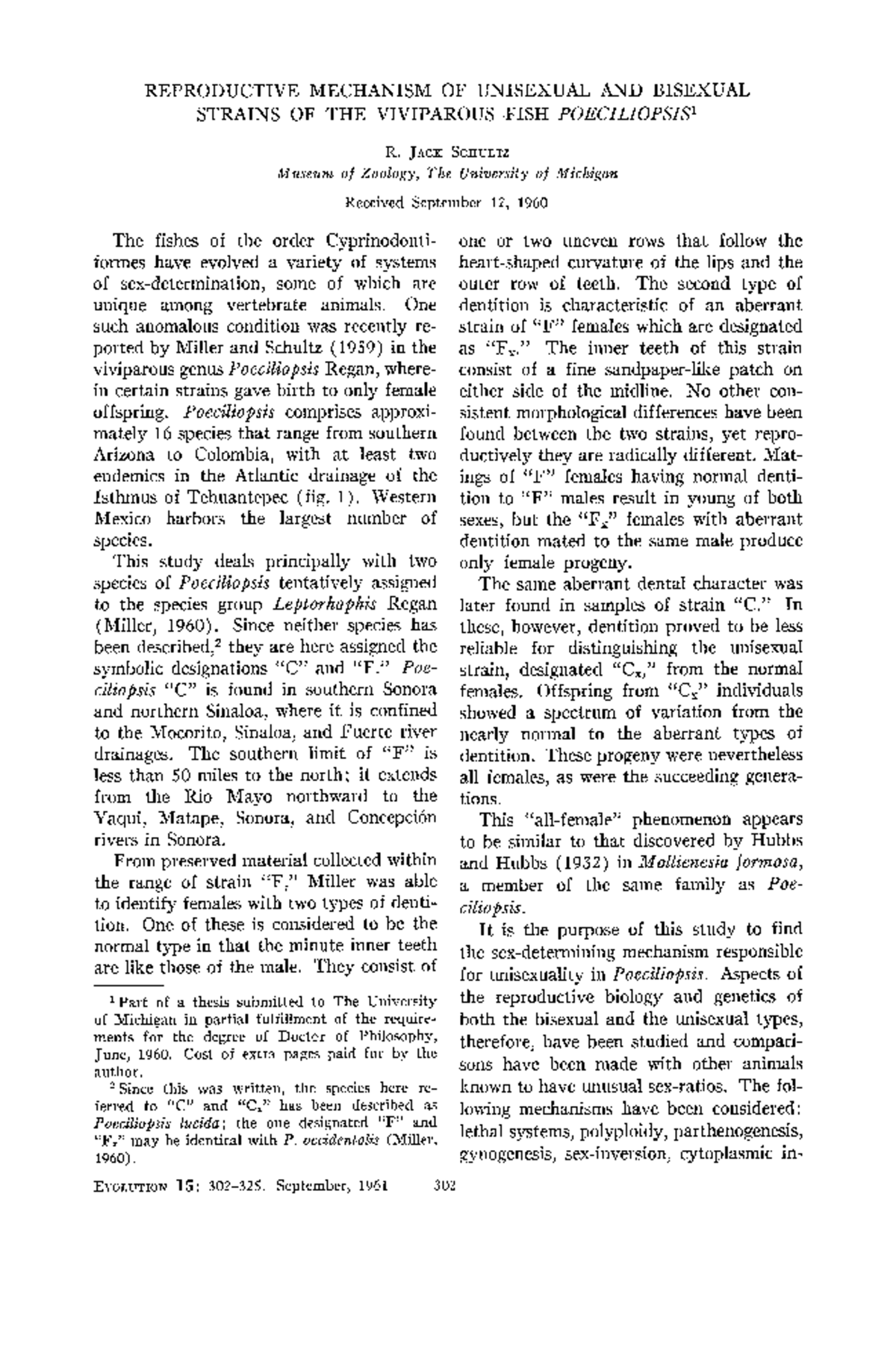 Evolution September 1961 Schultz Reproductive Mechanism OF