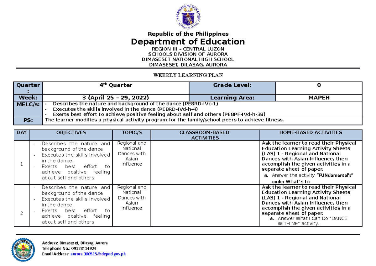 WLP Q4 W3 - Sample weekly home learning plan in public - Department of ...