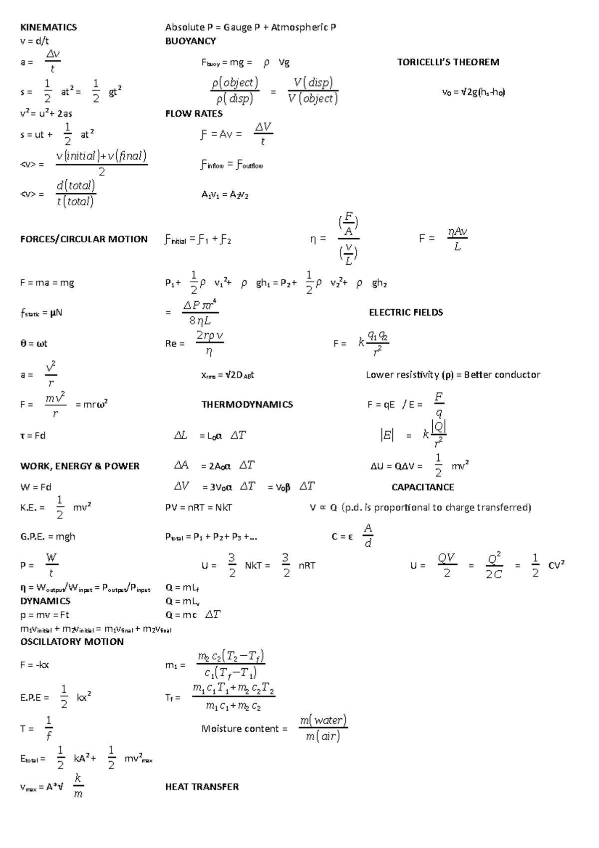 PHSI 191 Cheat Sheet - KINEMATICS Absolute P = Gauge P + Atmospheric P ...