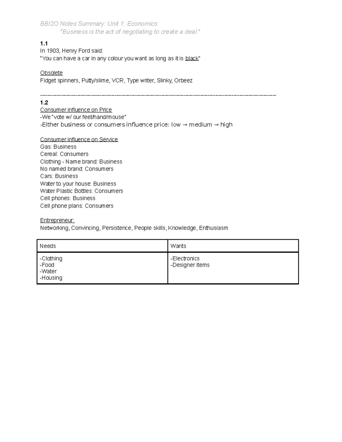 Unit 1 Economics - Introduction To Business - Bbi2o - “business Is The 