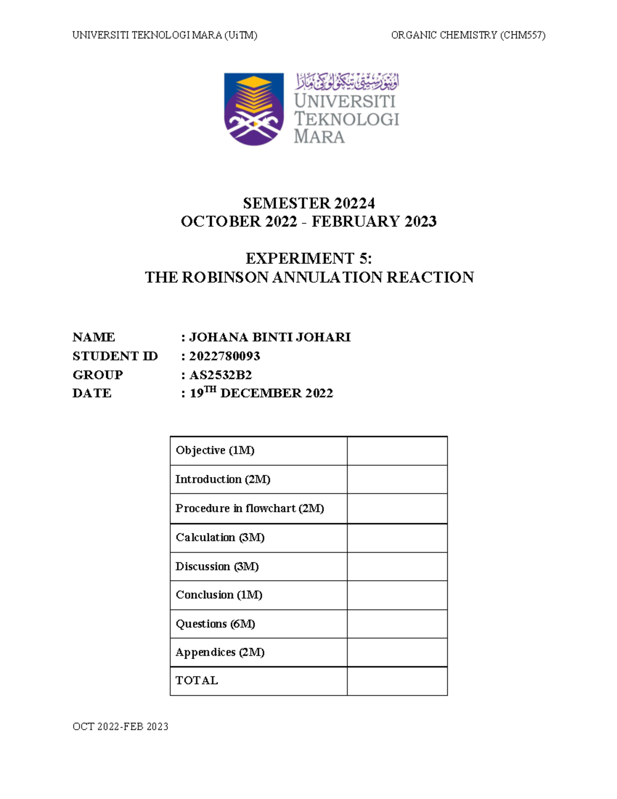 CHM557 Experiment 5 INCP - SEMESTER 20224 OCTOBER 2022 - FEBRUARY 2023 ...