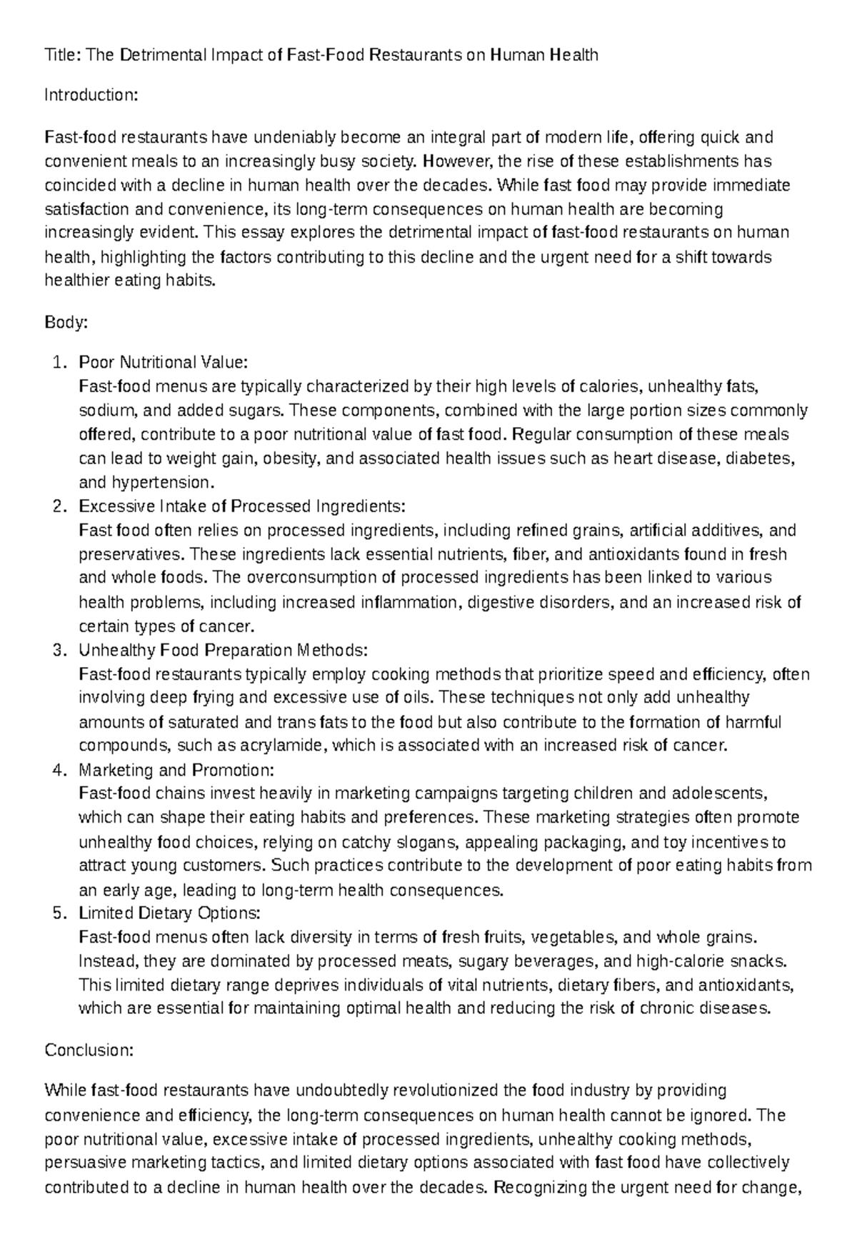 Title The Detrimental Impact of Fast-Food Restaurants on Human Health ...