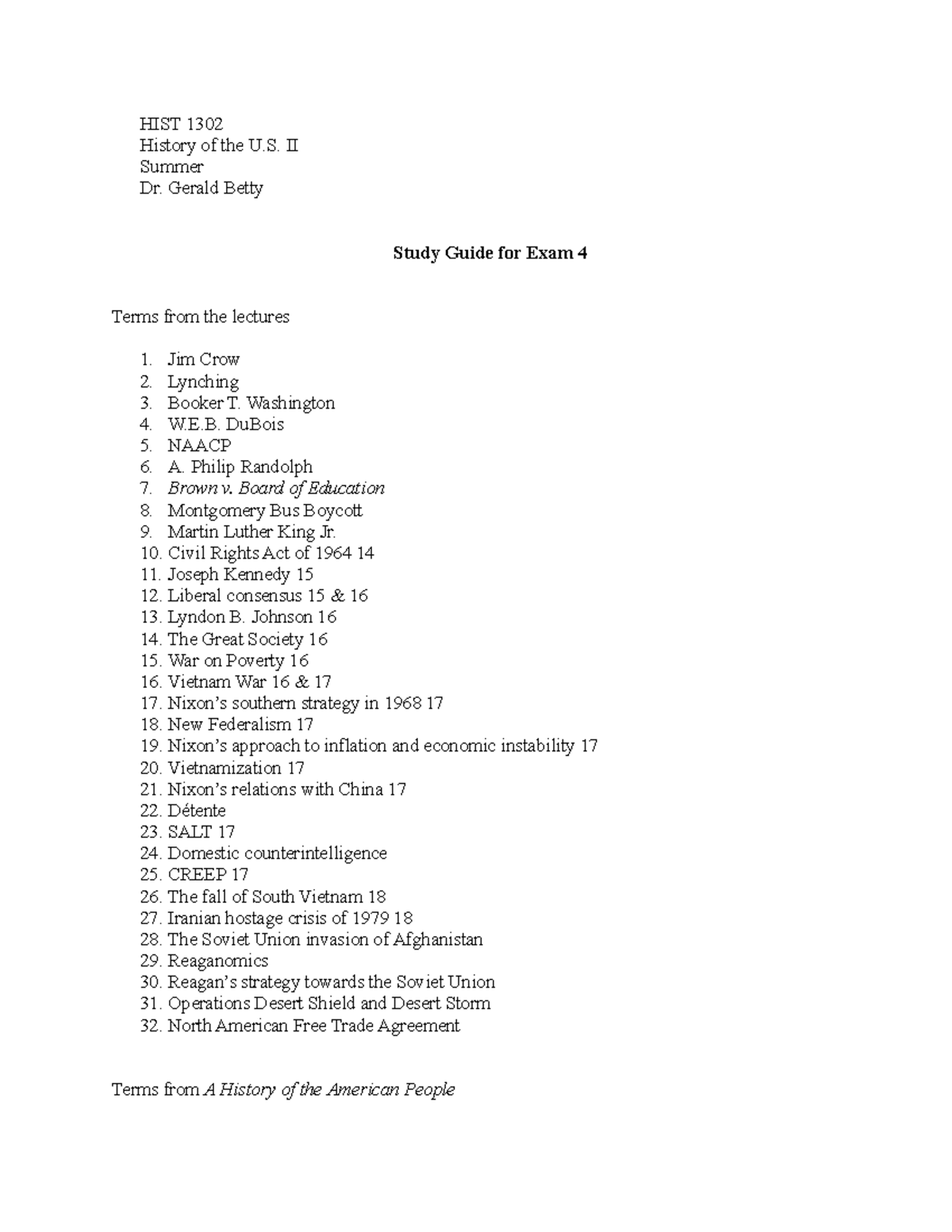 Hist 1302 Exam 4 - Copy - Lecture Notes - HIST 1302 History Of The U ...