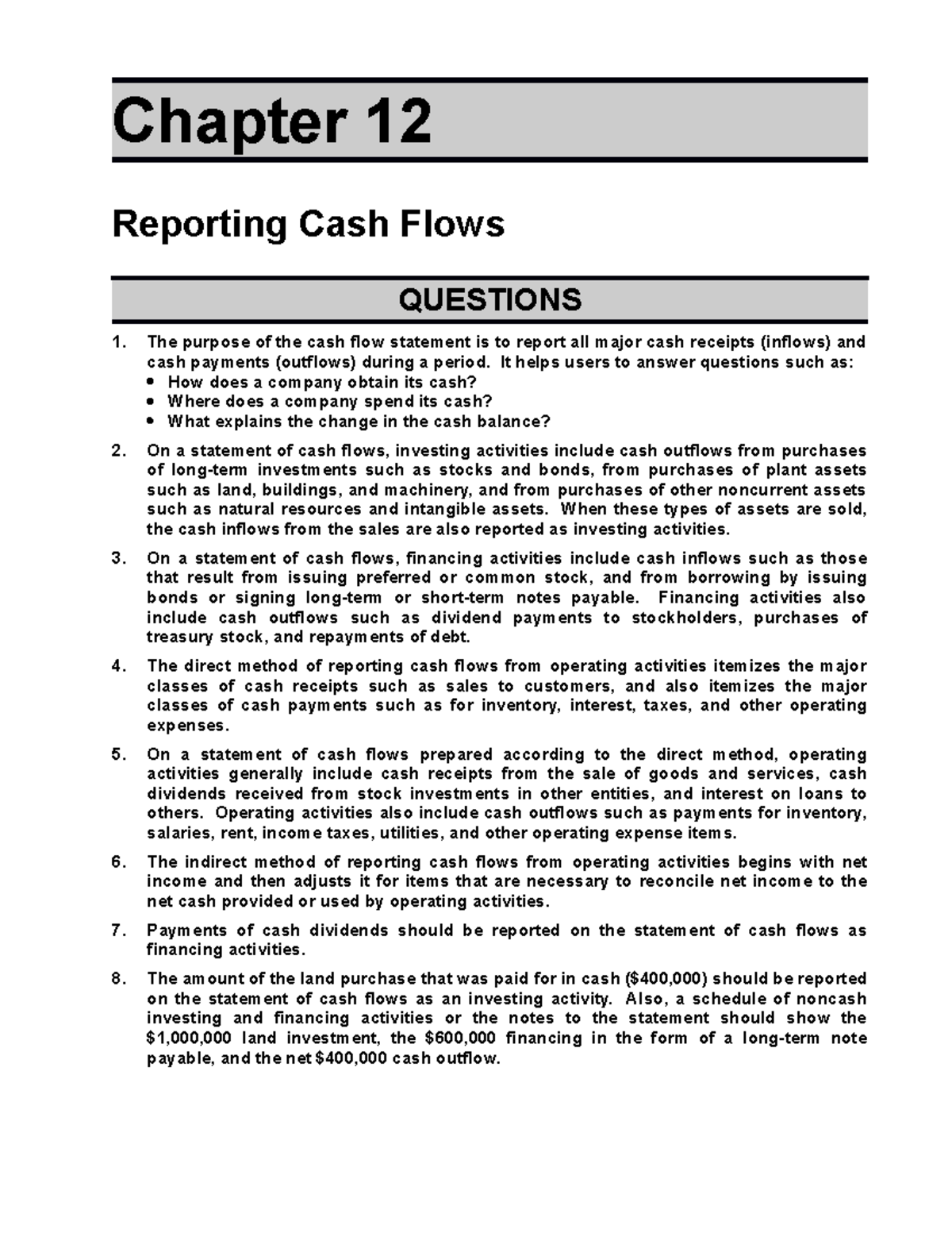 Chapter 12 Answers - ACCT 2101, Summer 2021 - Chapter 12 Reporting Cash ...