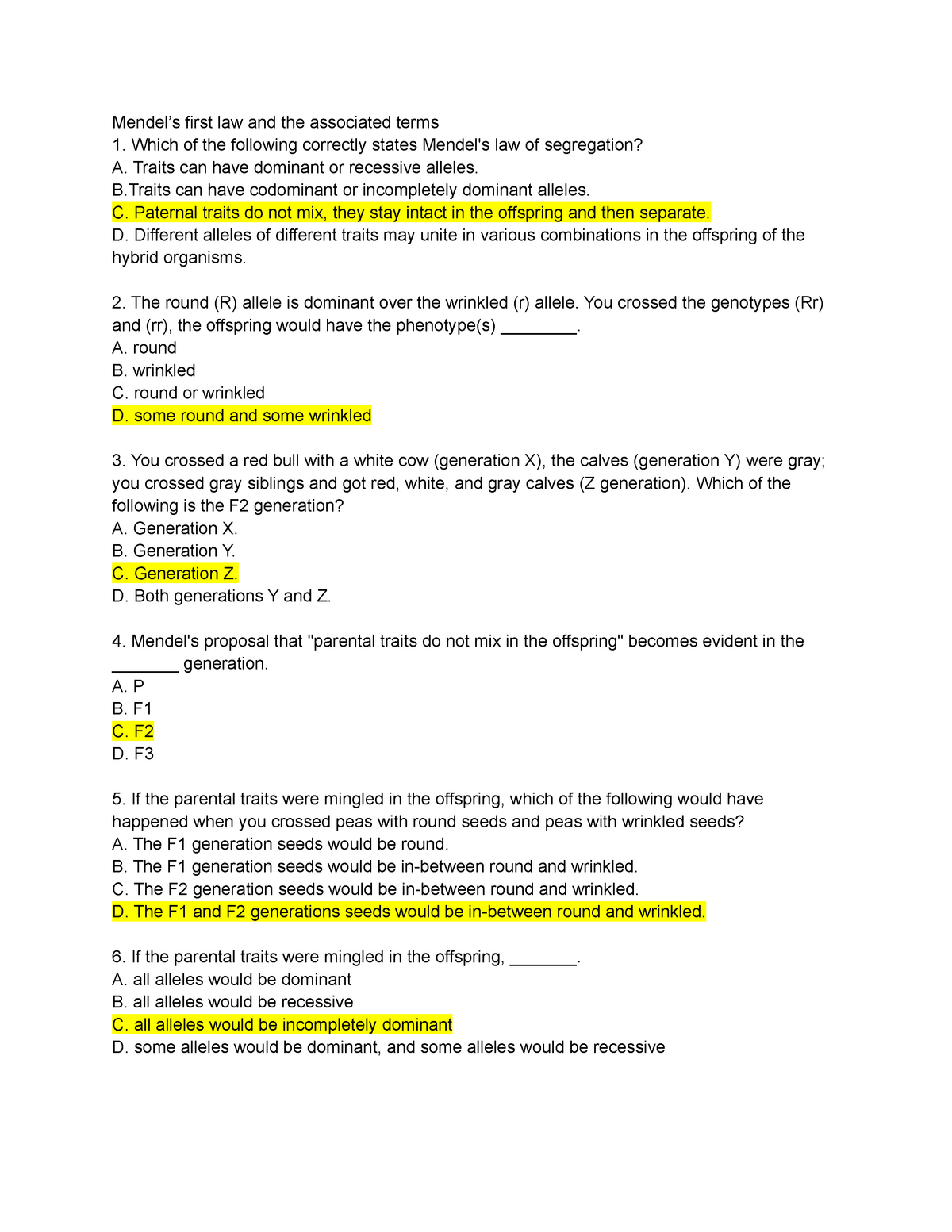 Kuddus Online Quiz OMB CH 1, An overview - Mendel’s first law and the ...