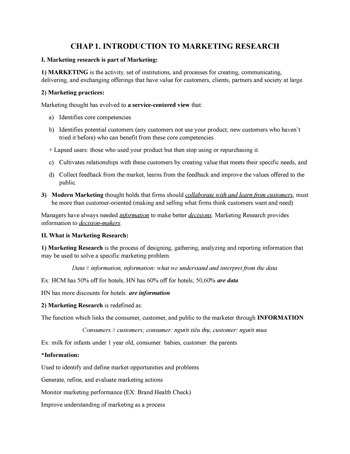 CHAP 1 - Some Notes From Chapter - CHAP 1. INTRODUCTION TO MARKETING ...