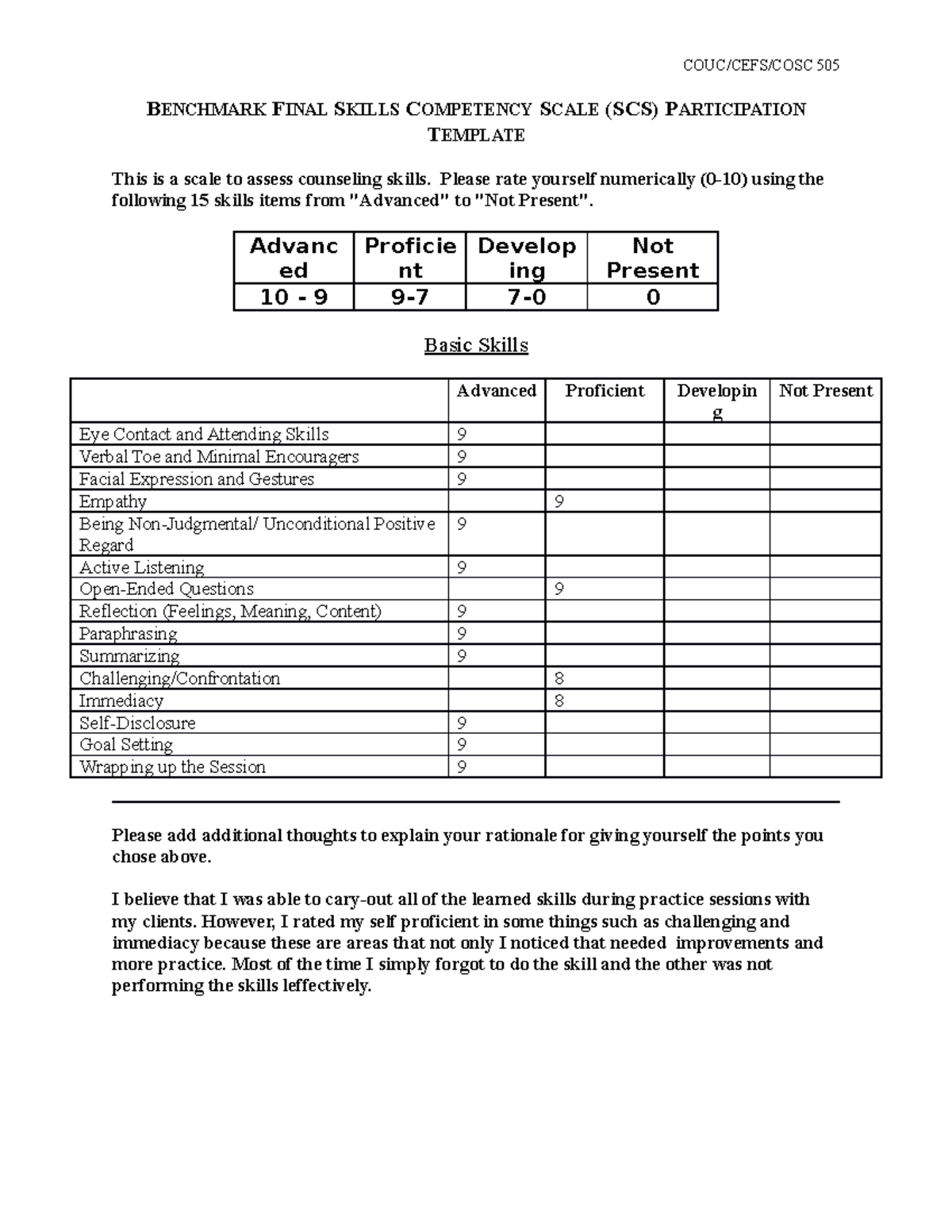 Benchmark Final Skills Competency Scale SCS Participation Template ...