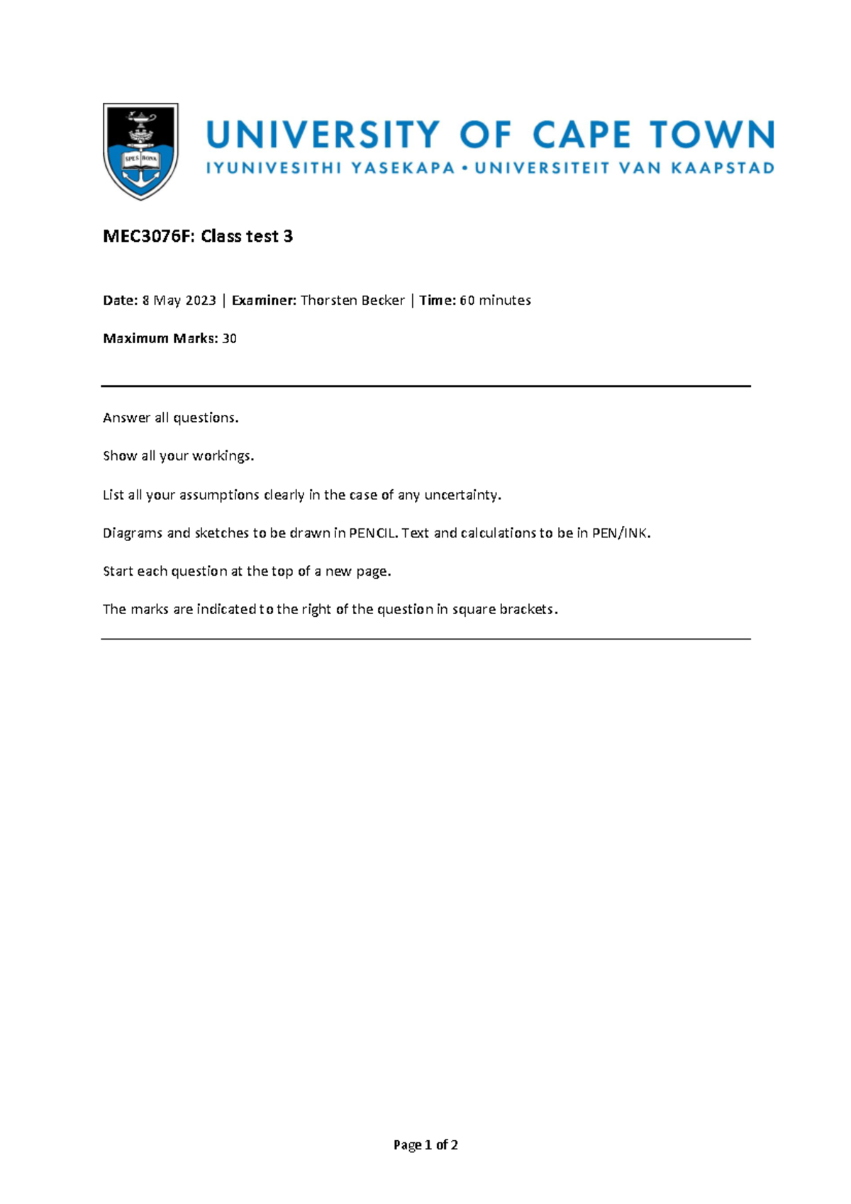 Mec3076f Test 3 Page 1 Of 2 Mec30 76 F Class Test 3 Date 8 May 2023