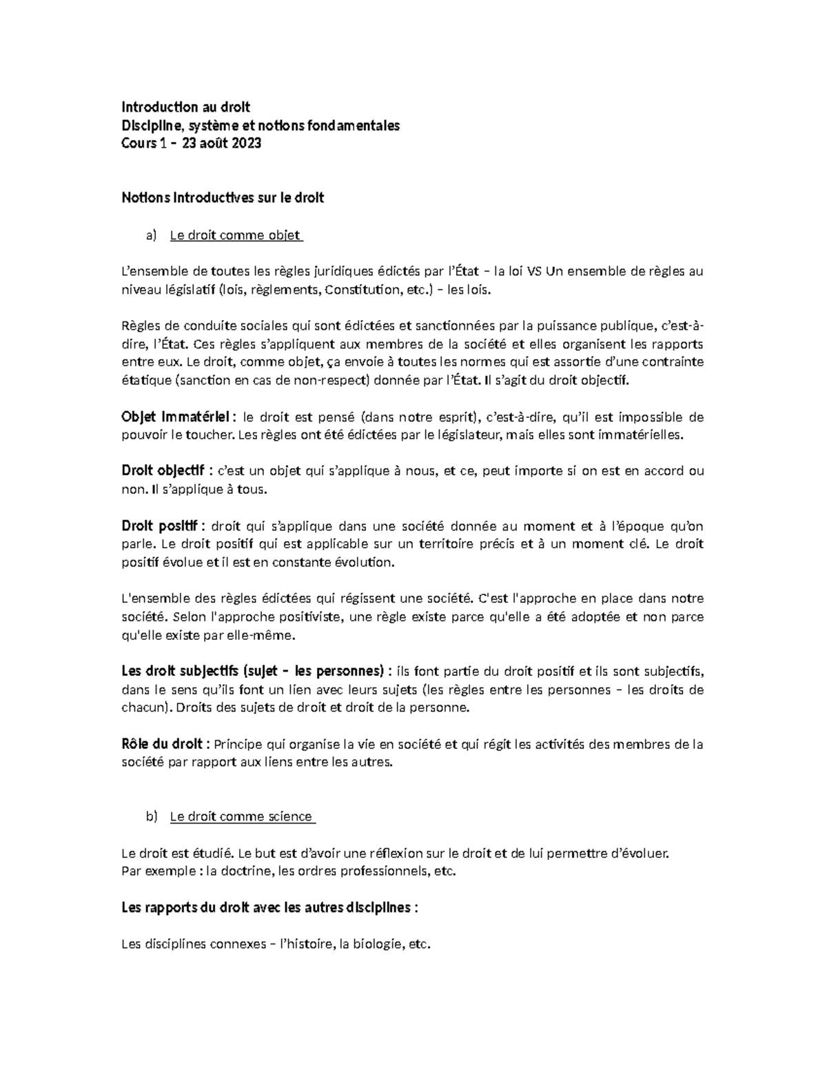Notes de cours 1 - Introduction au droit Discipline, système et notions ...
