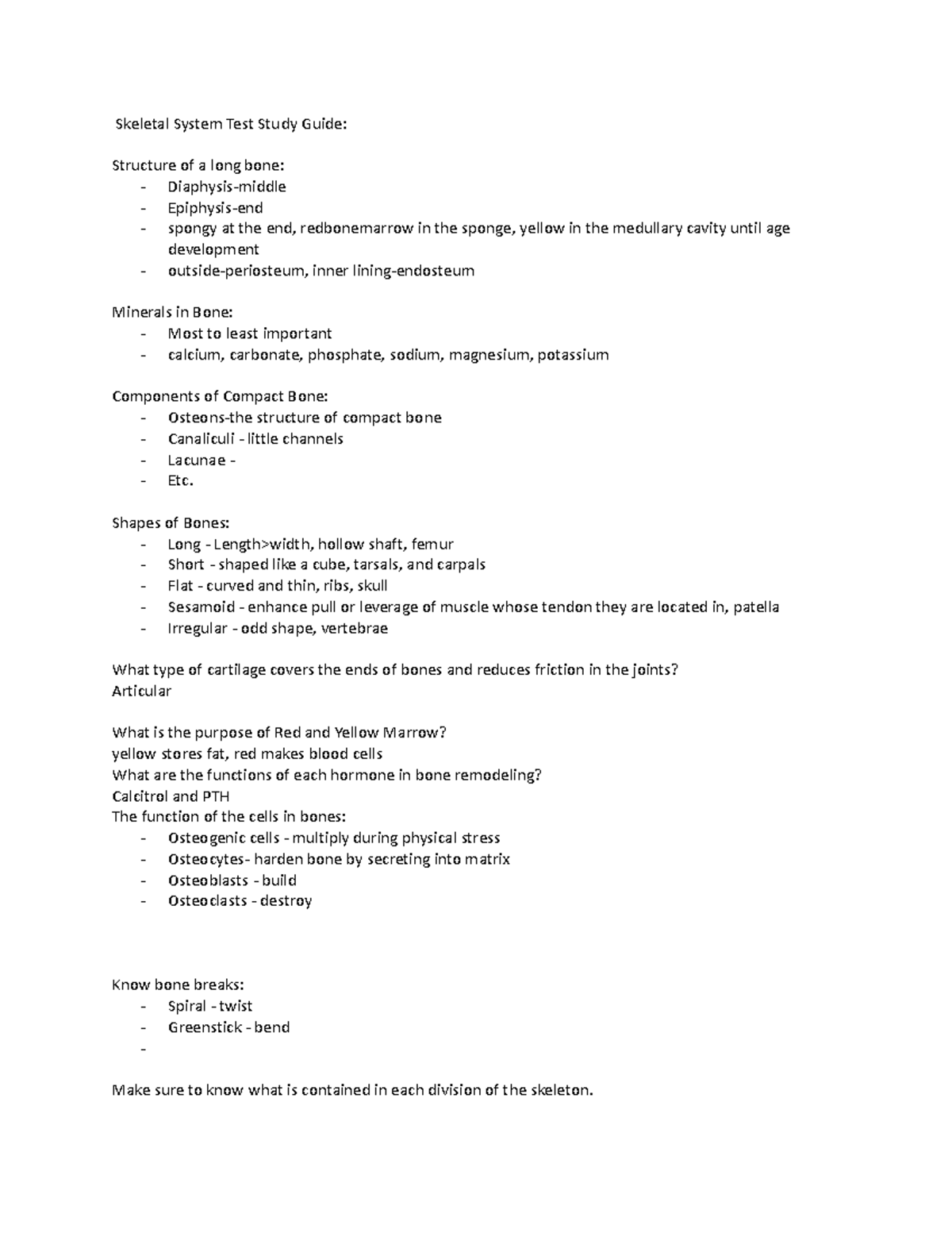 Skeletal System Study Guide - Skeletal System Test Study Guide ...