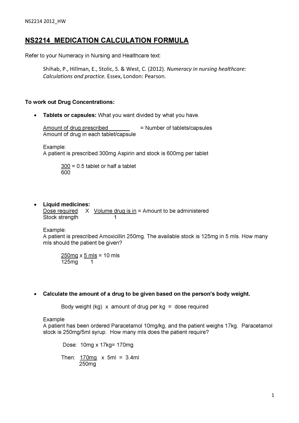 Med Calculation Formulas Ns221403 Jcu Studocu - 