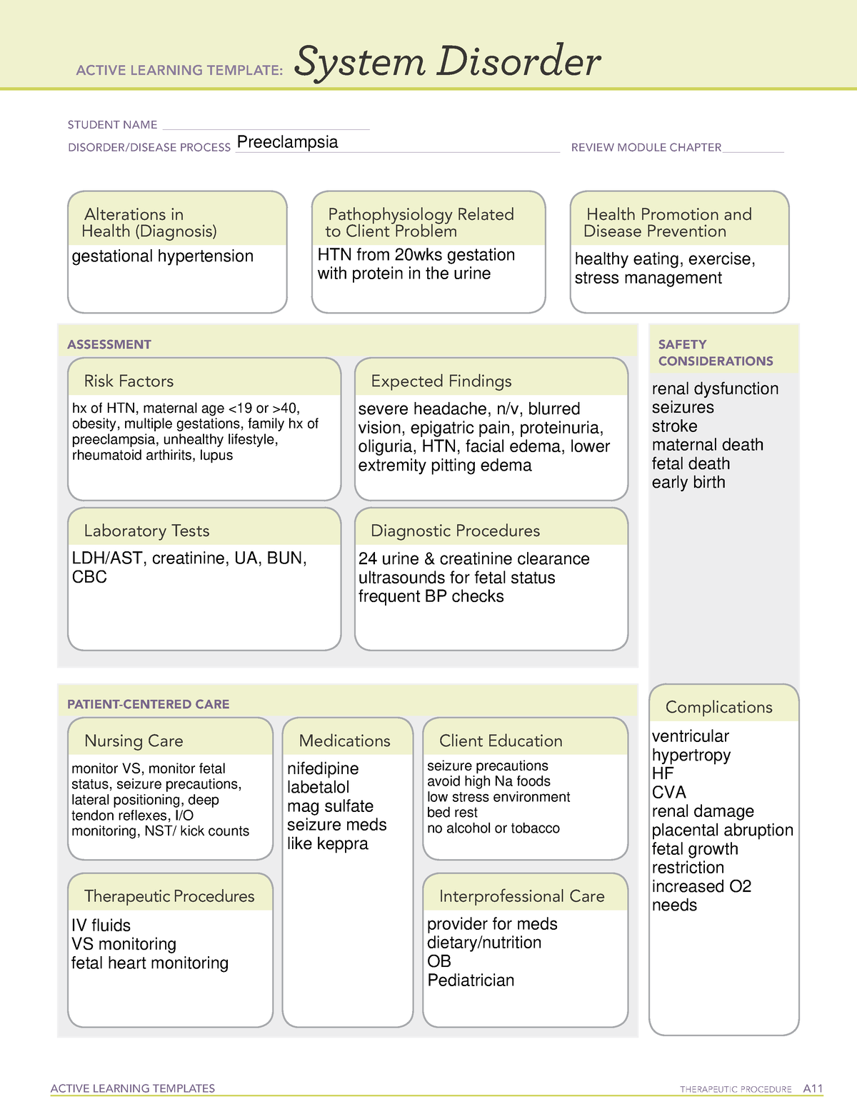 Preeclampsia ATI System Disorder Notes ACTIVE LEARNING TEMPLATES